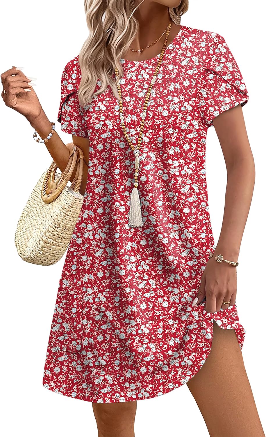 OFEEFAN Womens Summer Dresses 2026 Tulip Petal Short Sleeve Crew Neck Casual Dresses with Pockets S-3XL