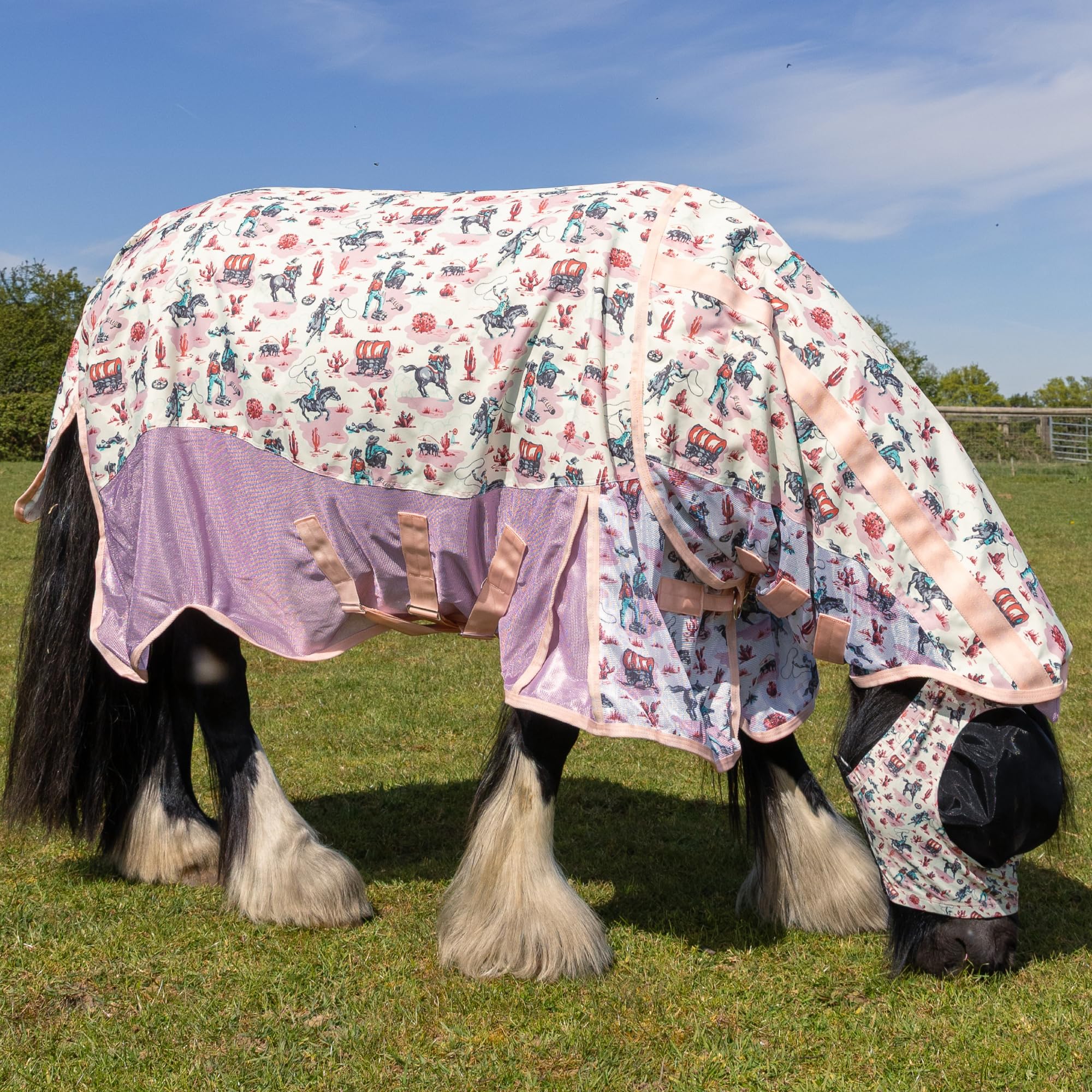 Cath Kidston Cowgirl Rainsheet & Fly Rug Combo, Waterproof 600D Ripstop Topline with 60% UV Protection, Country Horse Turnout Rug, Breathable Mesh Panels & Secure Adjustable Straps | 5'3