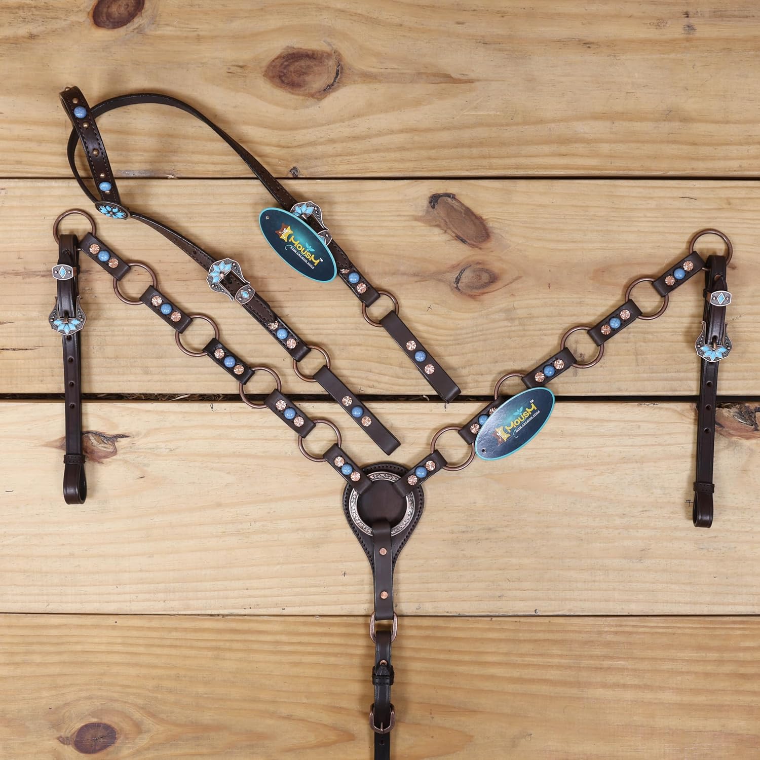 Western Leather Headstall and Breast Collar Tack Set, Copper Rings & Turquoise Stud Accents, Argentina Cowhide, Rustic Handcrafted Horse Tack