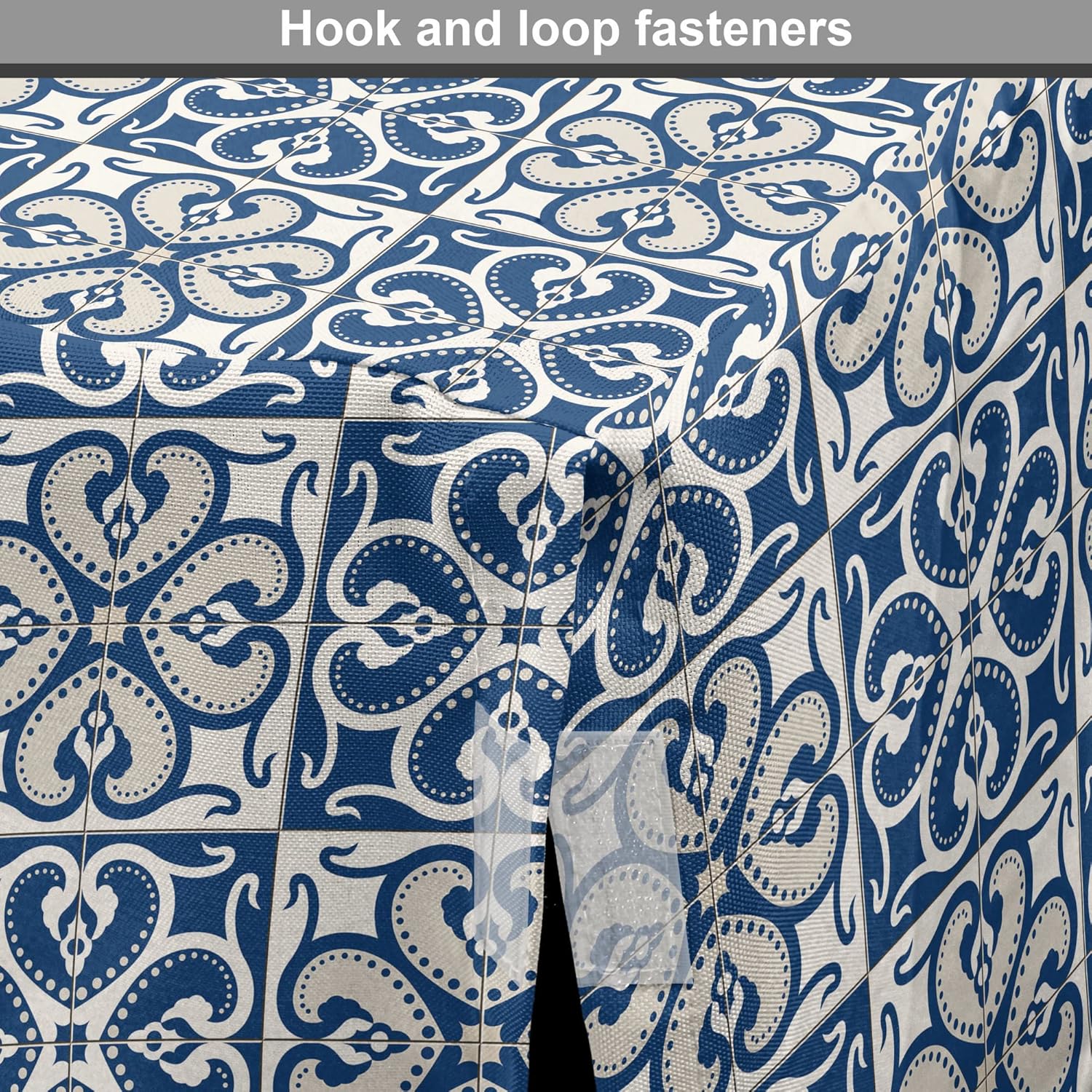 Lunarable Ethnic Dog Crate Cover, Portuguese Azulejo Tiles Moroccan Culture Elements Bicolor Arrangement, Easy to Use Pet Kennel Cover for Medium Large Dogs, 48 Inch, Blue and Ivory