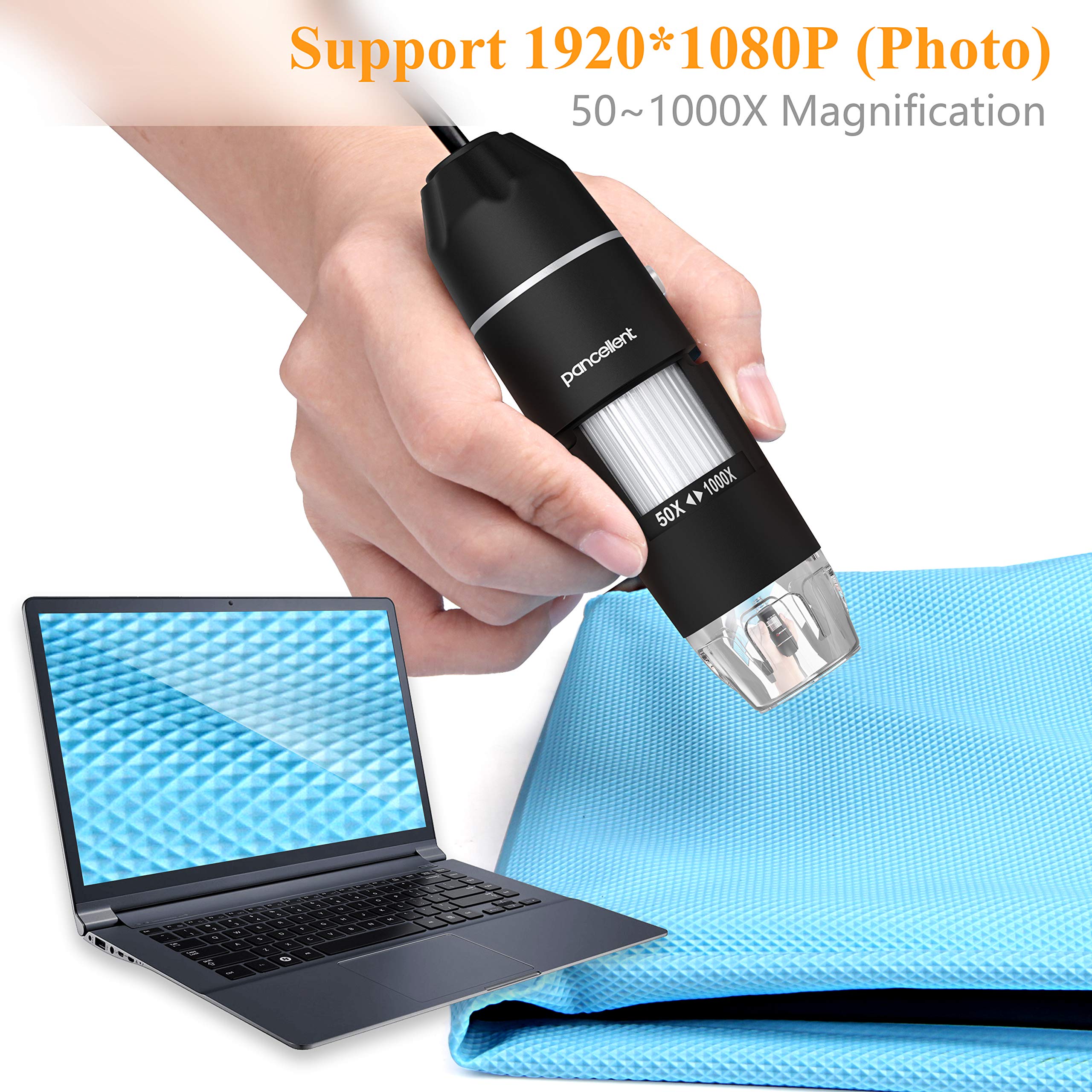 Pancellent Microscopio Digital, microscopía de Aumento USB 1080P 50X a 1000X con 8 LED, colección de Diapositivas de 12 Paquetes (Nivel de Inicio, Negro)
