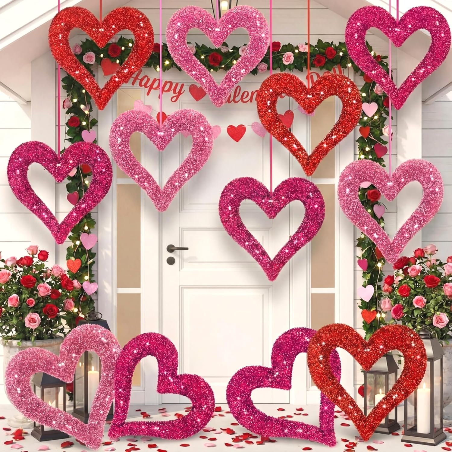 Thyle 9 Pcs 10 Inch Valentine's Day Large Heart Ornaments 3D Sequins Glitter Heart Wreaths for Front Door Valentines Large Red Pink Hanging Ornaments for Valentines Wall Tree Wedding Party Decorations