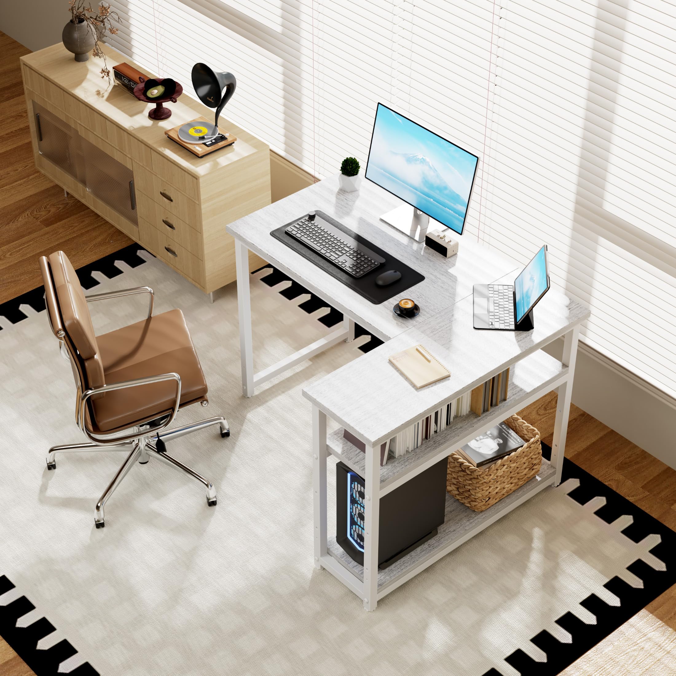 TRIUMPHKEY Scrivania ad Angolo Reversibile 100 x 80cm, Scrivania a Forma di L con Ripiani,Tavolo da Lavoro,Struttura in Acciaio, per Computer, Ufficio, Studio and Soggiorno, Marrone rustico