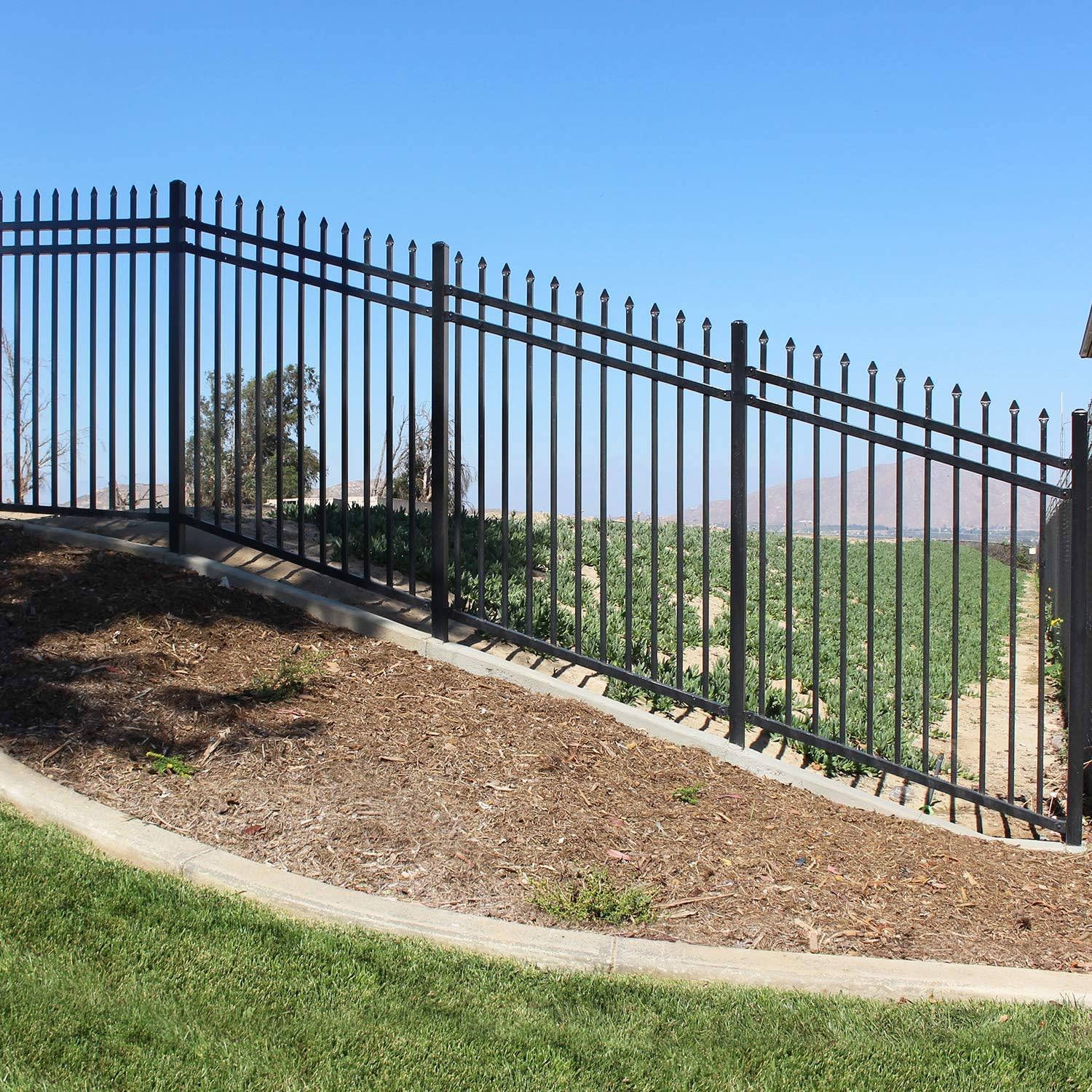 XCEL Black Steel Anti-Rust Fence Panel - Sharp End Pickets - 6.5ft W x 5ft H - Easy Installation - for Residential, Outdoor, Yard, Garden, Swimming Pool, on Concrete or Soil, 3-Rail, One Post included