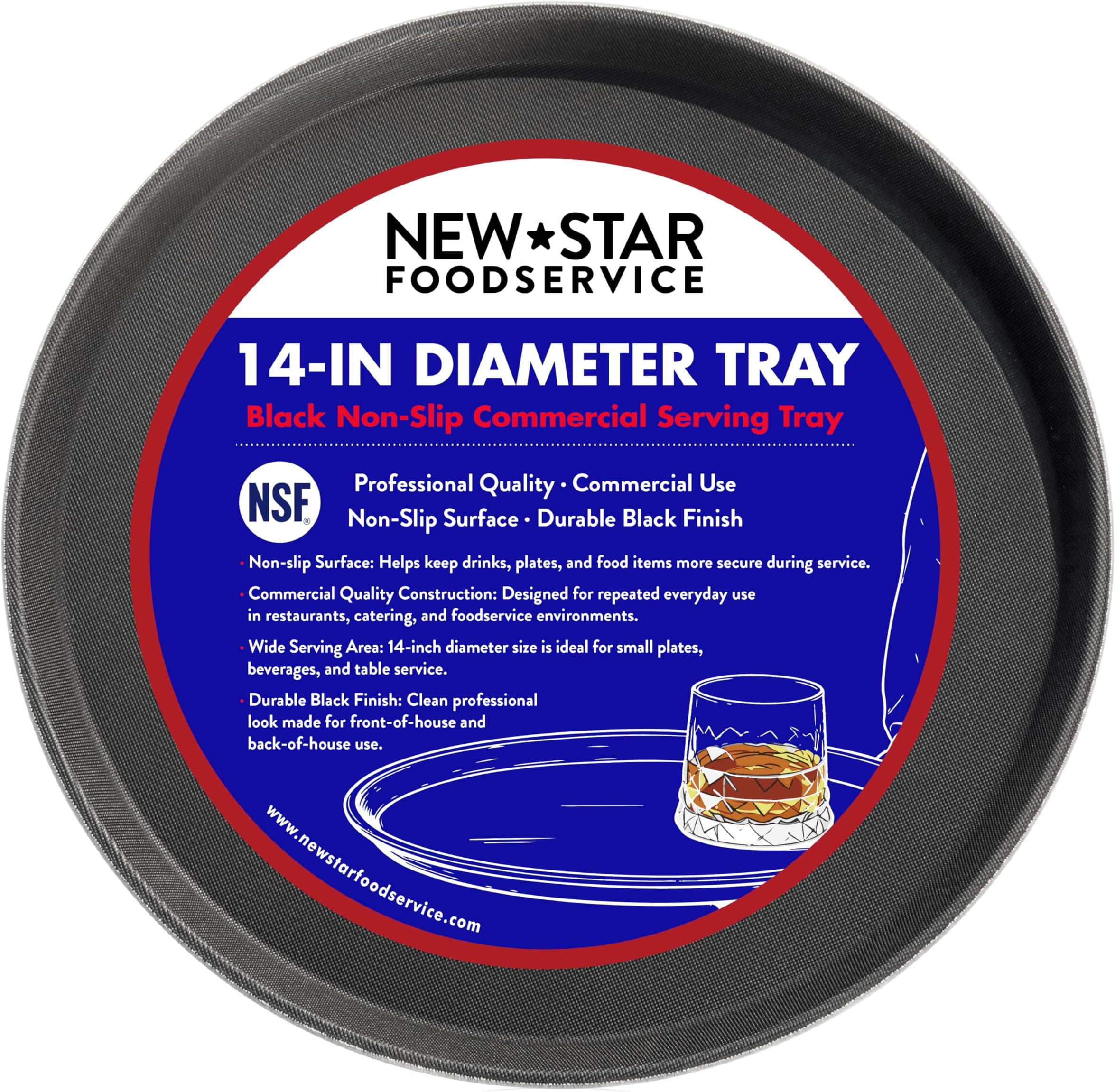 New Star 25033 NSF Plastic Round Rubber Lined Non-Slip Tray, 14-Inch, Black