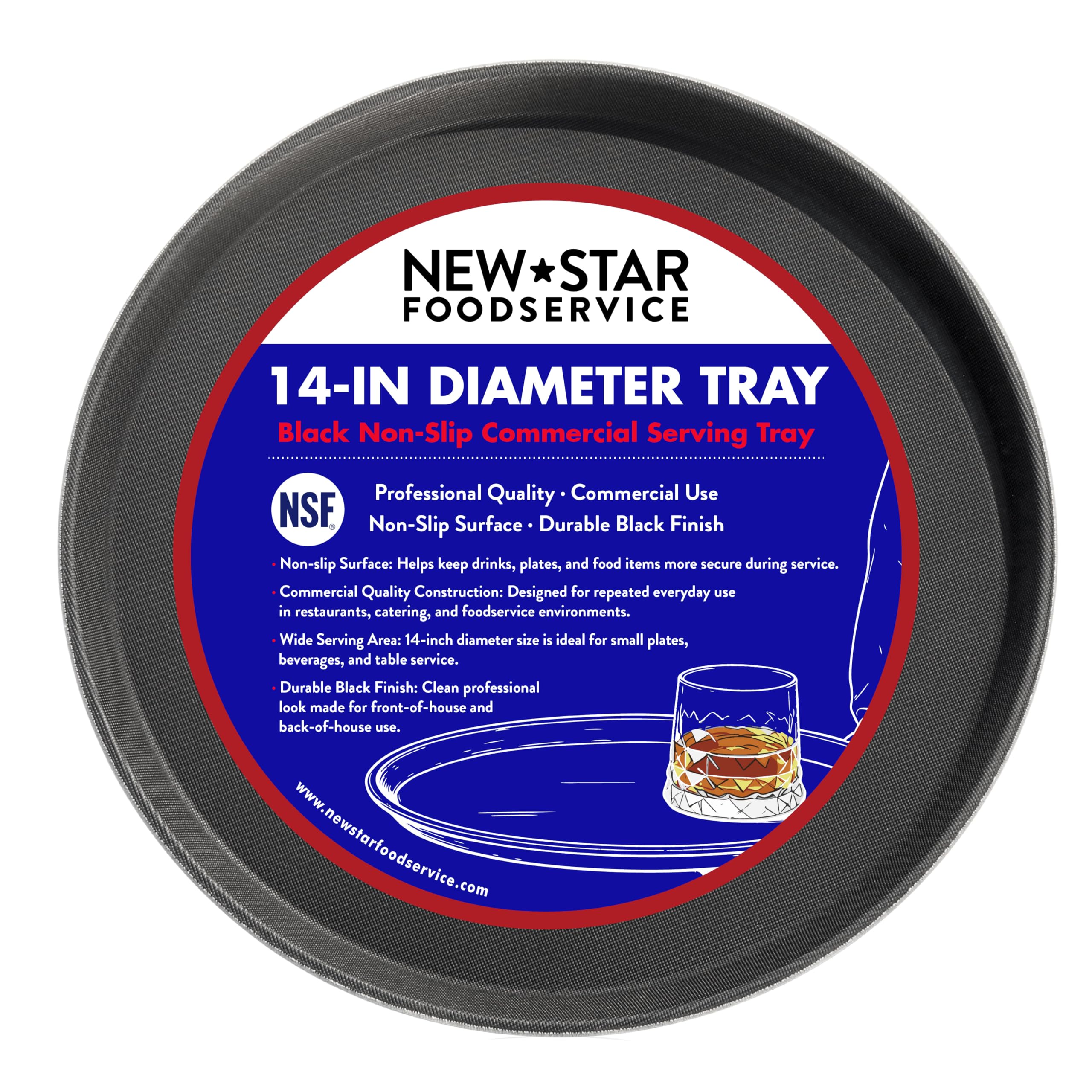 New Star 25033 NSF Plastic Round Rubber Lined Non-Slip Tray, 14-Inch, Black