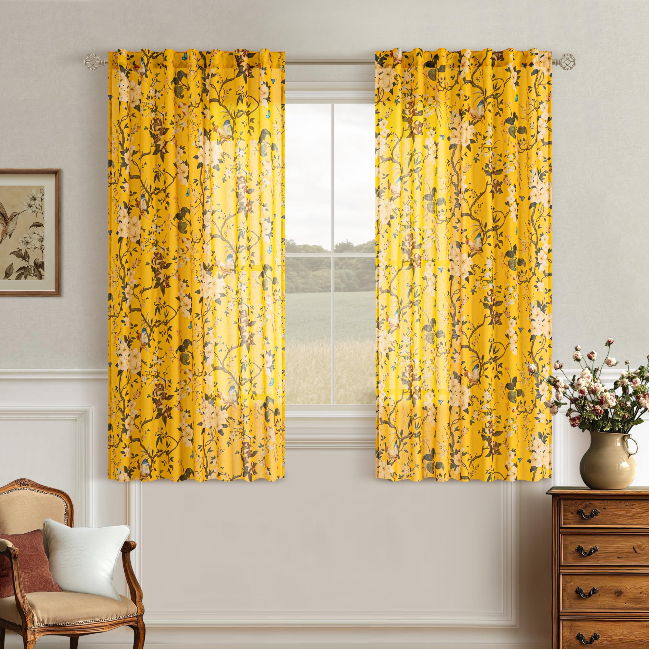 Mustard Yellow Linen Floral Bird Kitchen Curtains 54 Inch Length 2 Panels | Back Tab,Semi Sheer,Light Filtering,Boho Cottage,Flower Printed,Window Drapes,Rod Pocket,for Laundry,Dining Room,Bathroom