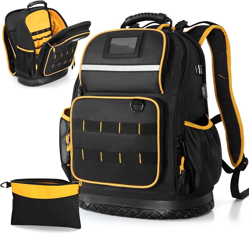 Marscamd Tool Backpack with Hard Bottom and a Tool Pouch, Black | Heavy Duty Tool Bag with Multiple Pockets & Laptop Compartment