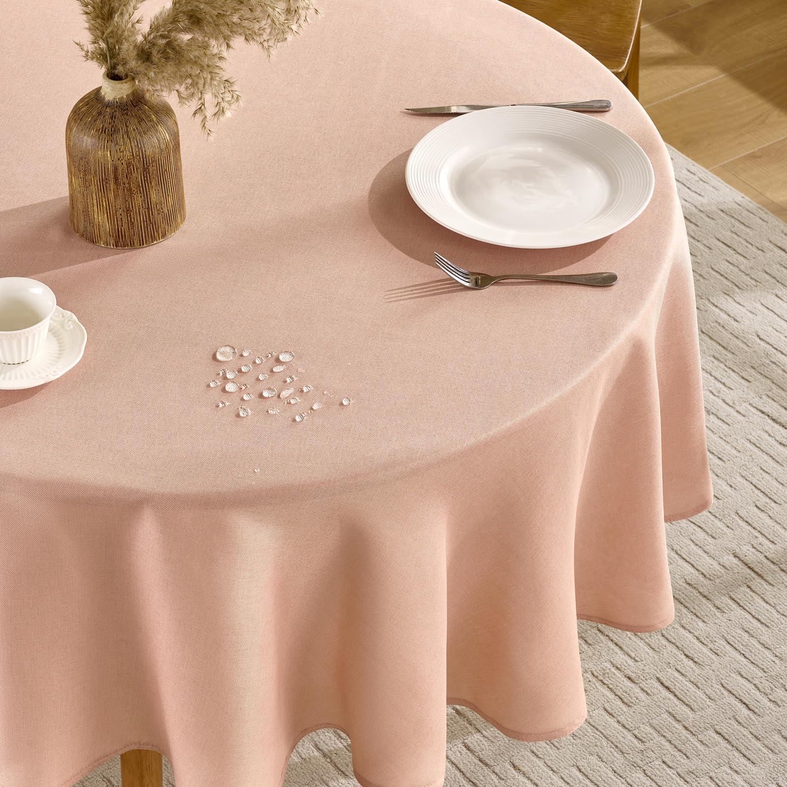 FIBORIA Tischdecke Rund 160 cm Rosa Leinenoptik Outdoor Tischdecken Abwaschbar & Wasserabweisende Tischwäsche Abwischbare Tischtuch Table Cloth für Frühling,Ostern Camping,Garten,Hochzeiten,Geburtstag Küche, Haushalt & Wohnen