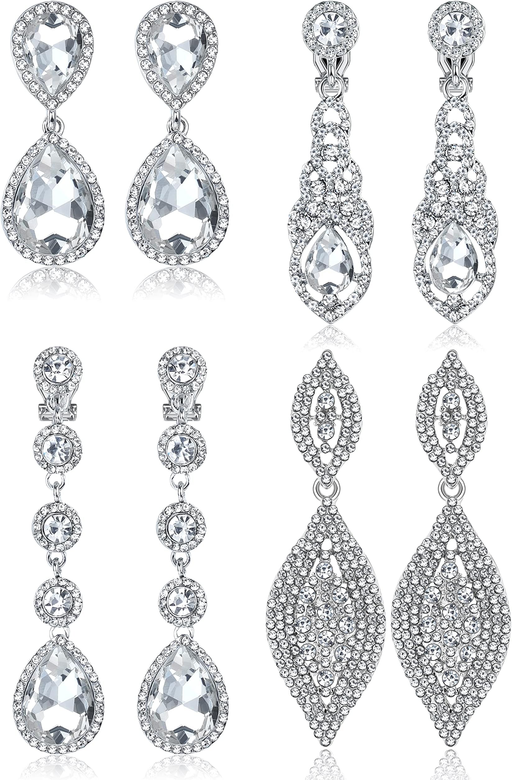 Jstyle 4 Pairs Clip on Earrings for Women Rhinestone Crystal Wedding Earrings Elegant Silver Teardrop Drop Dangle Clip on Earrings for Bride Bridesmaid Non Pierced Earrings Classic Style, Stainless