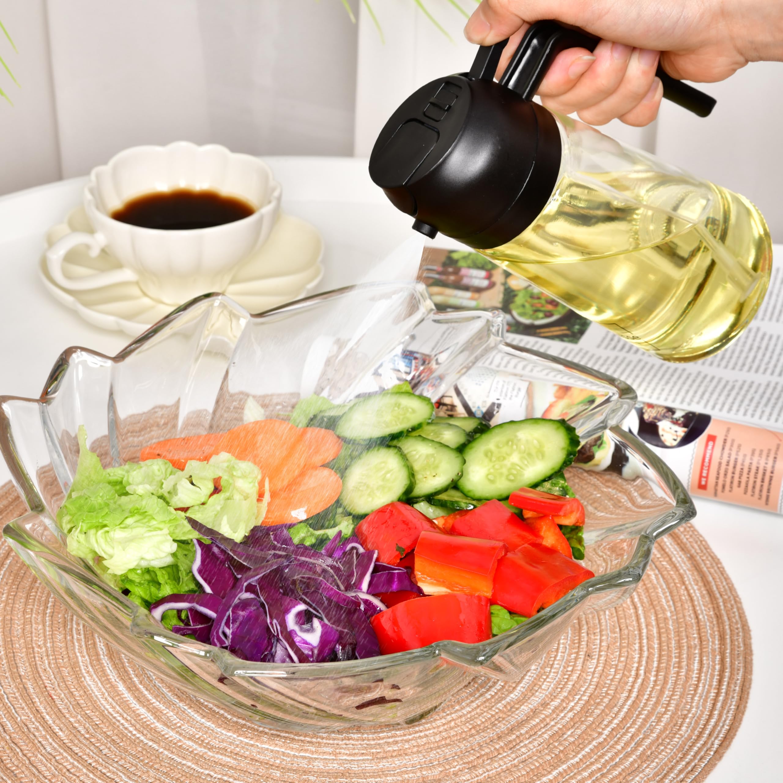 Pulverizador y dispensador de aceite 2 en 1, con botella de vidrio de aceite de oliva para cocinar, y convertirlo en freír al aire, ensalada, barbacoa y hornear, color negro