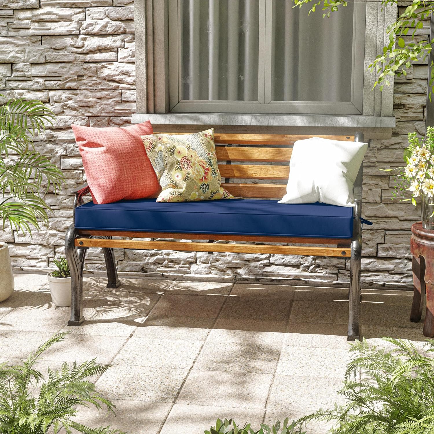 Outdoor Bench Cushions 3.5inches Bench Pad Cushion Waterproof and Fade Resistant Patio Furniture Cushions with Removable Cover for Garden Swing Porch Sofa,48×18 Inch Blue