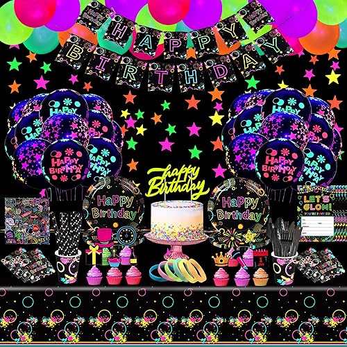 Suministros de fiesta que brillan en la oscuridad, 210 piezas de suministros de fiesta de neón incluyen pancarta de feliz cumpleaños, decoración de