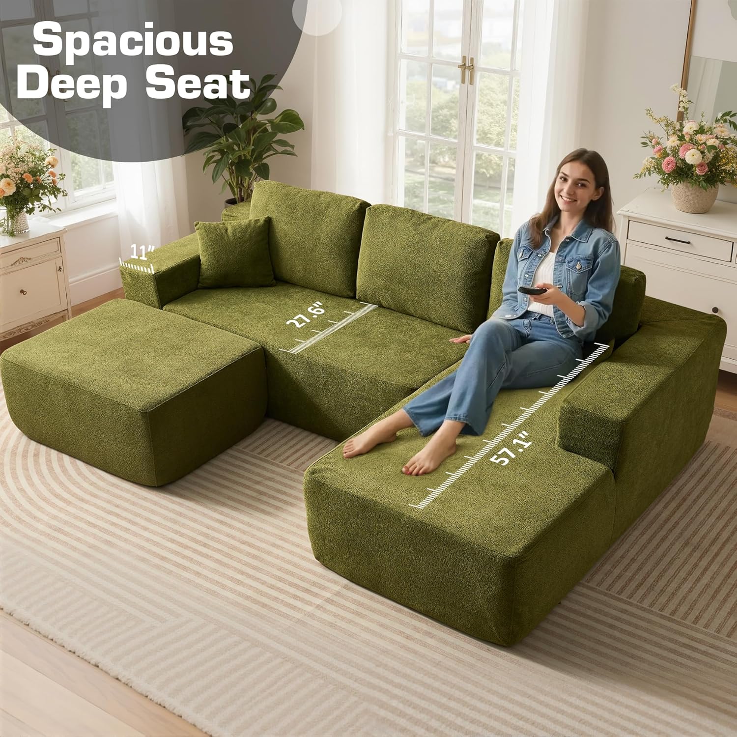106" Cloud Sectional Couch with L-Shape Chaise & Ottoman, No Assembly Modular Sofa, Deep Seat Corduroy Boneless Couched for Living Room (Green Cloudy Velvet, L Shape with Ottoman-Right Facing)