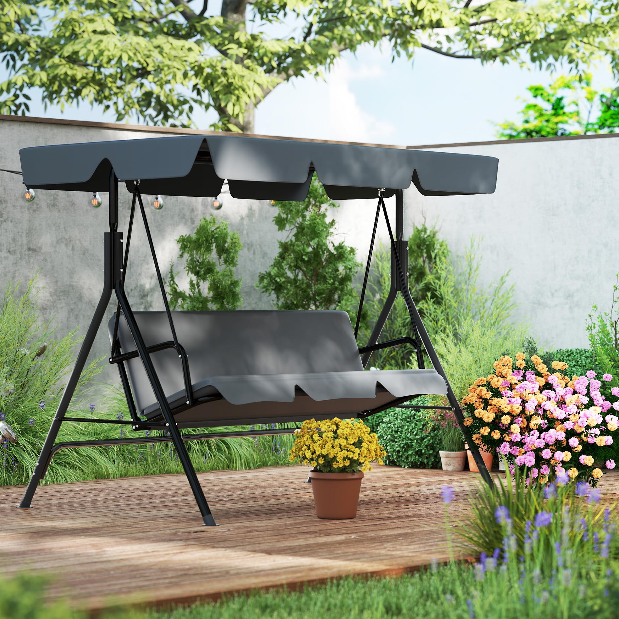 Aufun Hollywoodschaukel 3-Sitzer, Familienzeit mit Leichtigkeit, Gartenschaukel mit verstellbarem Sonnendach & Gestell & Gepolsterte Sitzauflage, Belastbar bis 200 kg (176 x 110 x 152 cm, Anthrazit)