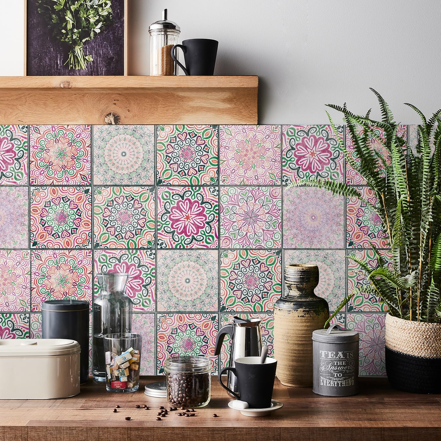 Blush Pink Tile Stickers 15x15cm for Kitchen Splashback (24pcs), Mandala Moroccan Peel and Stick Wall Tiles for Bathroom, Waterproof Self Adhesive Tile Transfers for Fireplace & Stairs (6x6 Inch)