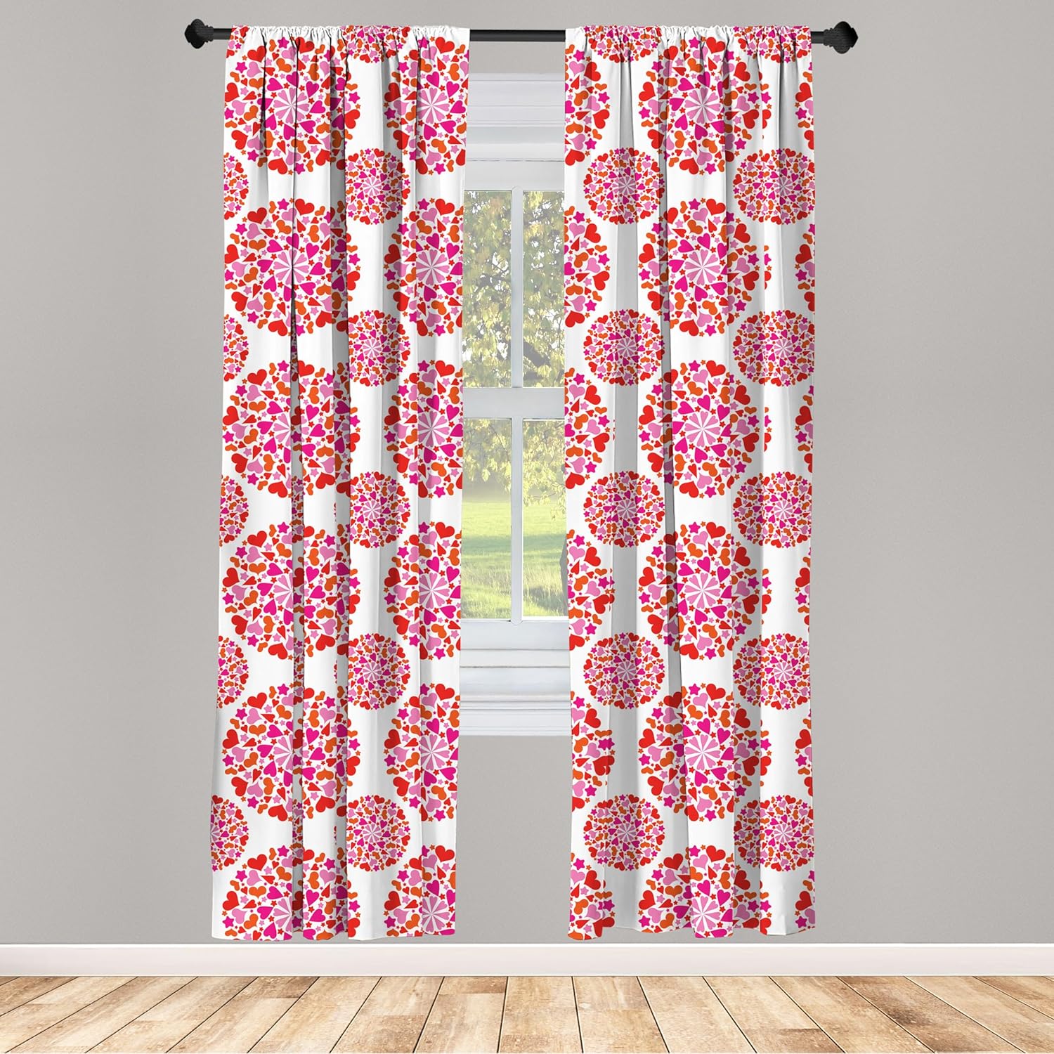 Ambesonne Valentine's Day Window Curtains, Romantic Love Theme of Vibrant Hearts in Circle Forms, Lightweight Decor 2-Panel Set with Rod Pocket, Pair of - 28" x 95", Vermilion Pink
