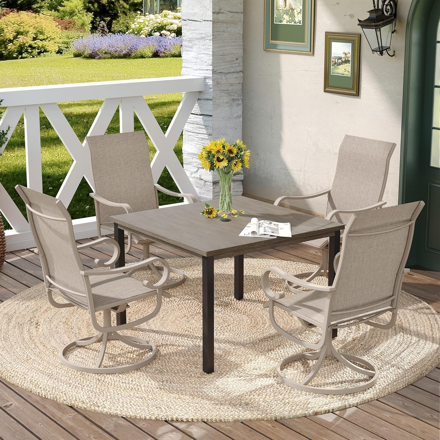 DIFY 5 Pieces Patio Dining Set, 40.2" Grey Wood-Like Square Dining Table with Umbrella Hole and 4 Sandshell Swivel Patio Chairs, All Weather Metal Outdoor Dining Furniture Set for Lawn Garden Balcony