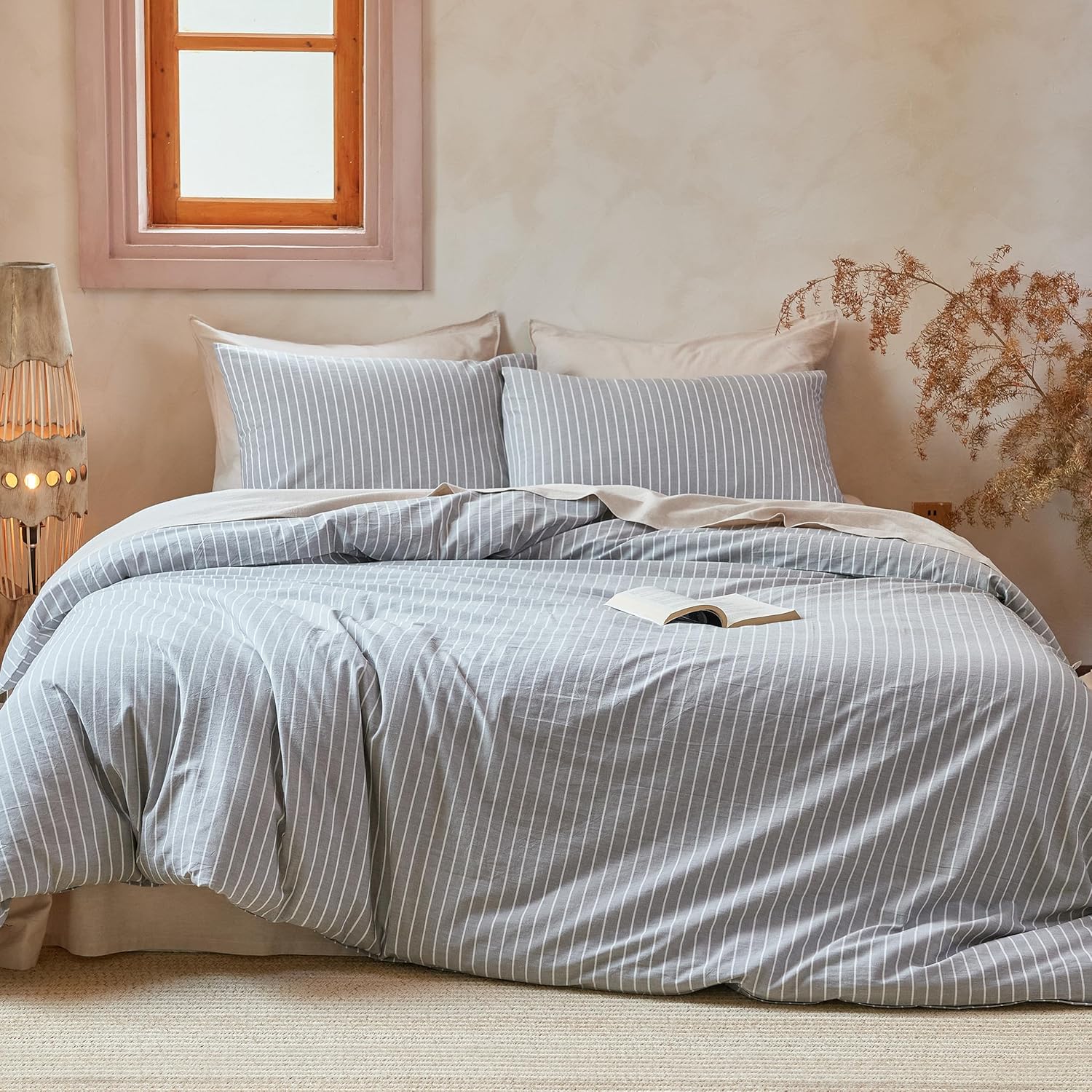 Striped 100% Washed Cotton Duvet Cover Set Queen 3Pcs(1 Comforter Cover&2 Pillowcases), Natural Cotton Bedding Set Soft Breathable Farmhouse Zipper Closure All Seasons(Light Grey-White,Queen)