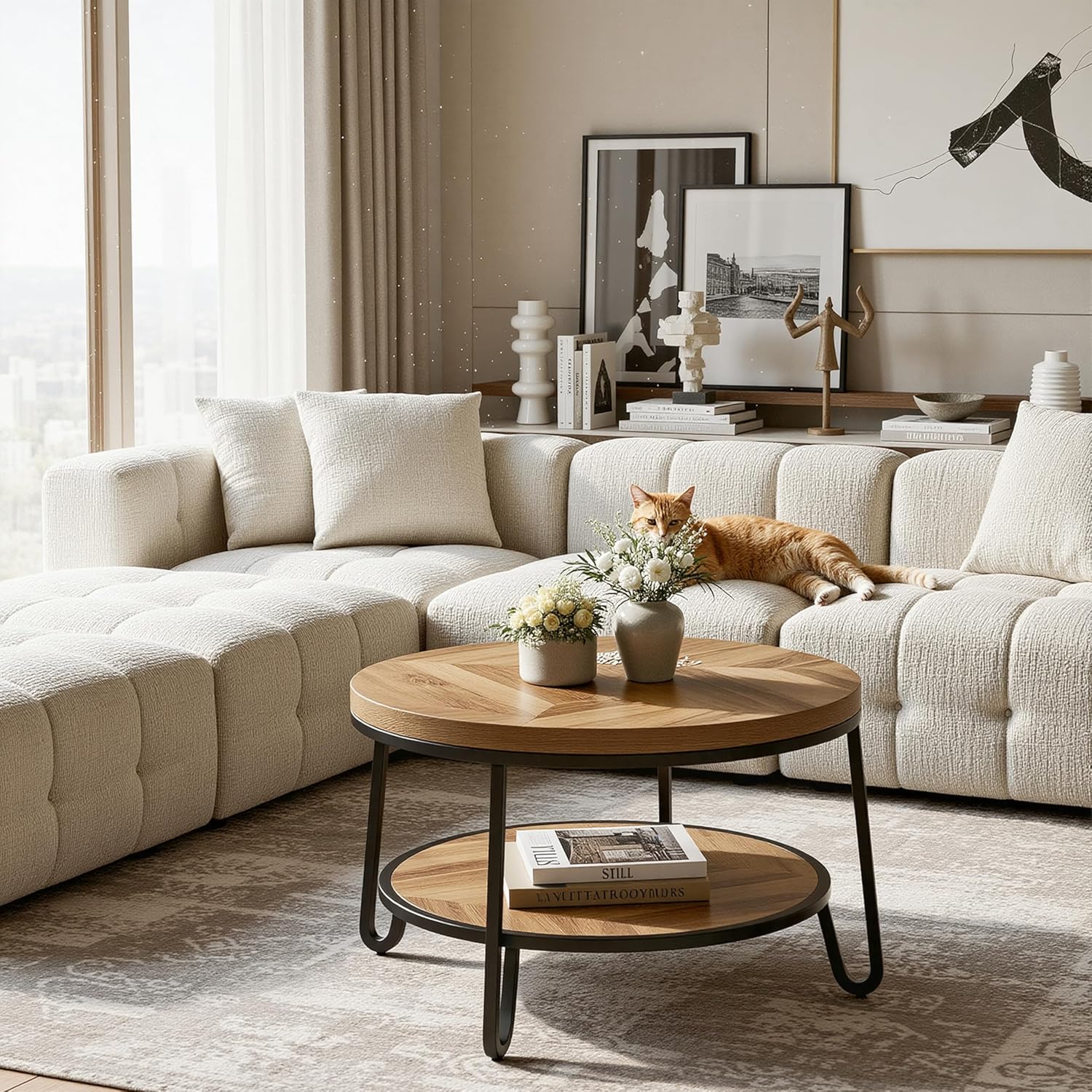 32" Round Coffee Table, Wood Coffee Table for Sectional Sofa with 2-Tier Storage Shelves, Farmhouse Center Table with Wood Grain Desktop, Easy to Assemble