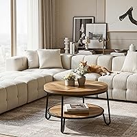 Vista 4 de 32" Round Coffee Table, Wood Coffee Table for Sectional Sofa with 2-Tier Storage Shelves, Farmhouse Center Table with Wood Grain Desktop, Easy to