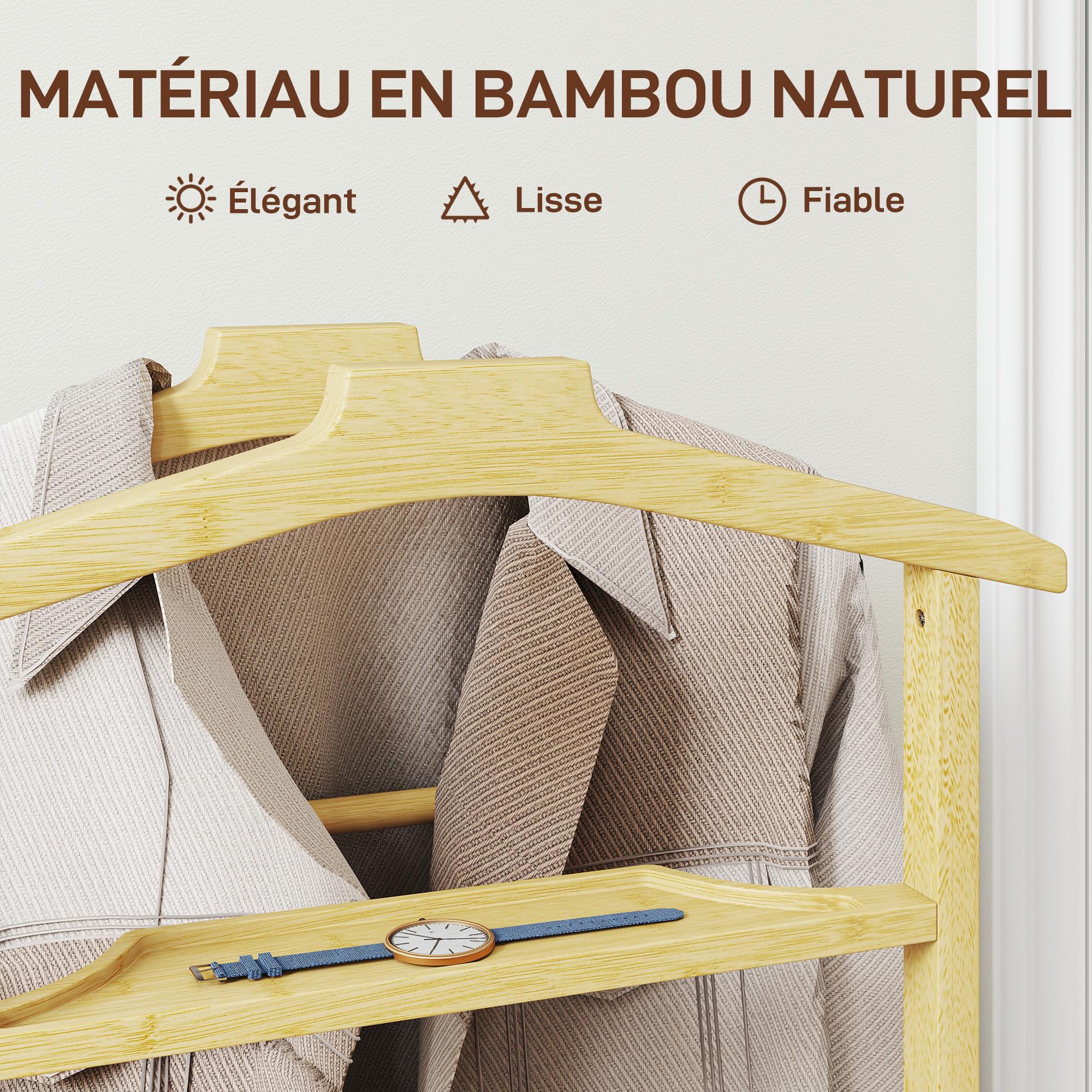 HOMCOM Valet de Chambre à Roulettes Bambou Double Cintre Bois Naturel | Portant à Vêtements, Tige à Pantalons, Plateau à Accessoires, Étagère, Porte-Manteaux, Chambre, Buanderie