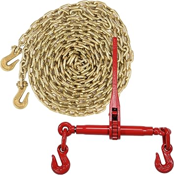 US Cargo Control Chain and Binder Set 5/16 to 3/8 Inch - 1 Ratchet Binder and 1 25 Grade 70 Transport Chain with Grab Hooks - 5,400 LBS Working Load Limit, Secure Heavy Cargo to Trailers