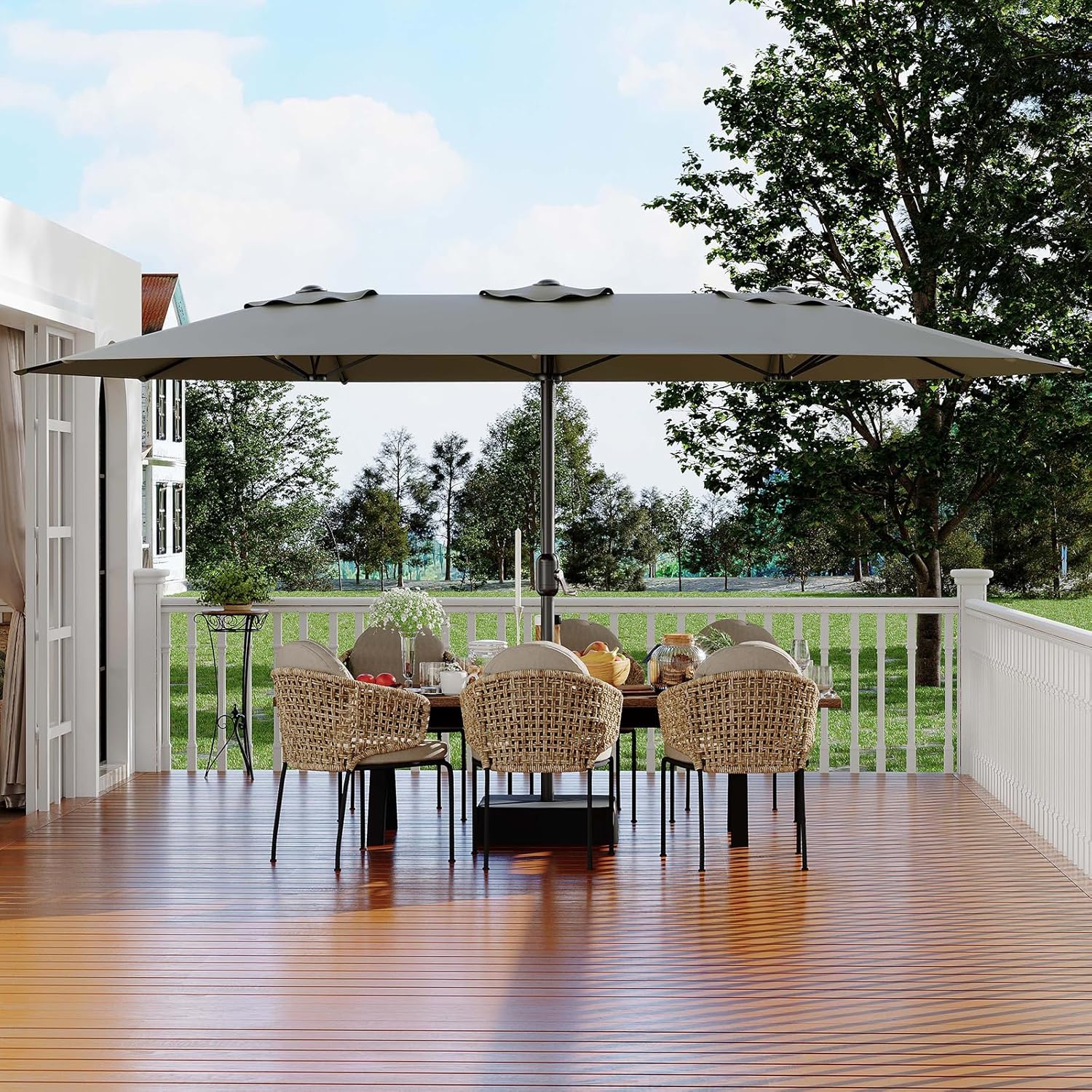 15ft Large Patio Umbrella with Sandbag Base - Rectangular Patio Umbrella with Crank Handle, UV Protection for Outdoor Market, Backyard, Pool - Gray