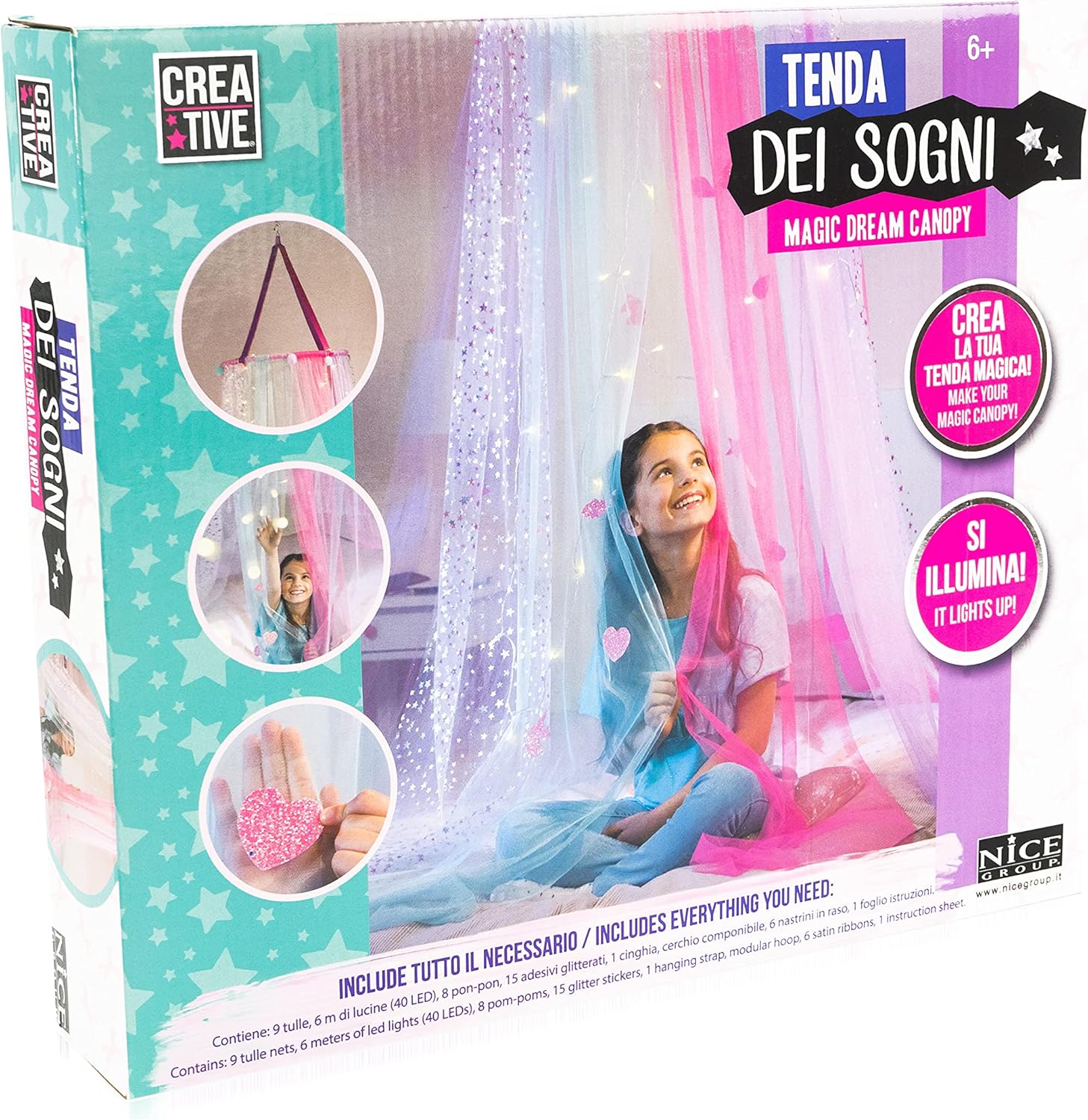 Nice Group - Creative Dream Curtain, Create the Magic Dream Canopy with Tulle that Lights up and Decorate with Pon-Pon, Glitter Stickers, Satin Ribbons