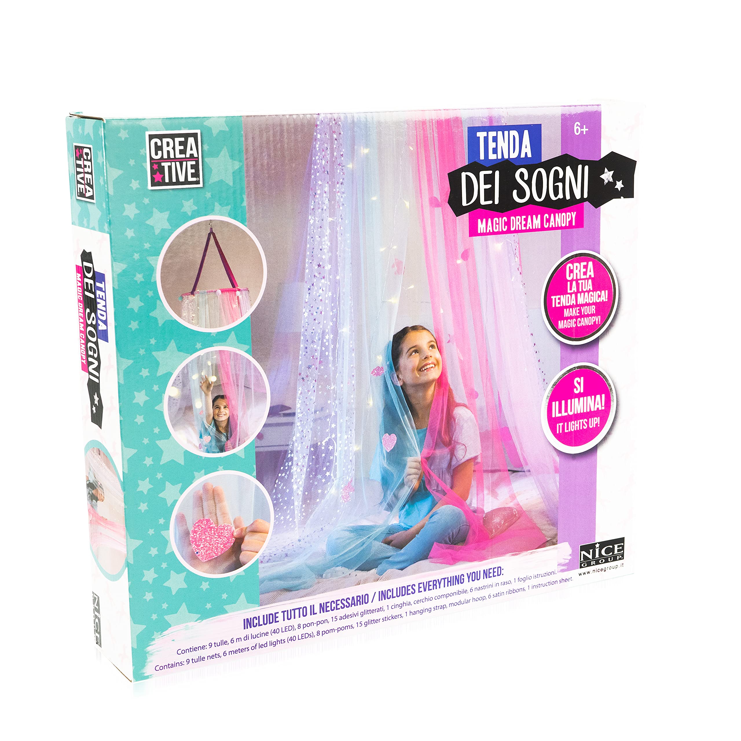 Nice Group - Creative Dream Curtain, Create the Magic Dream Canopy with Tulle that Lights up and Decorate with Pon-Pon, Glitter Stickers, Satin Ribbons