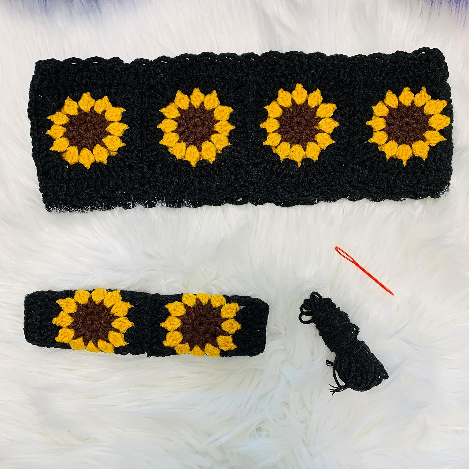 Handmade Crochet Steering Wheel Cover, Yellow Sunflower Black Flower Seat Belt Cover, Car Interior Accessories Decorations. (Steering Wheel Cover)