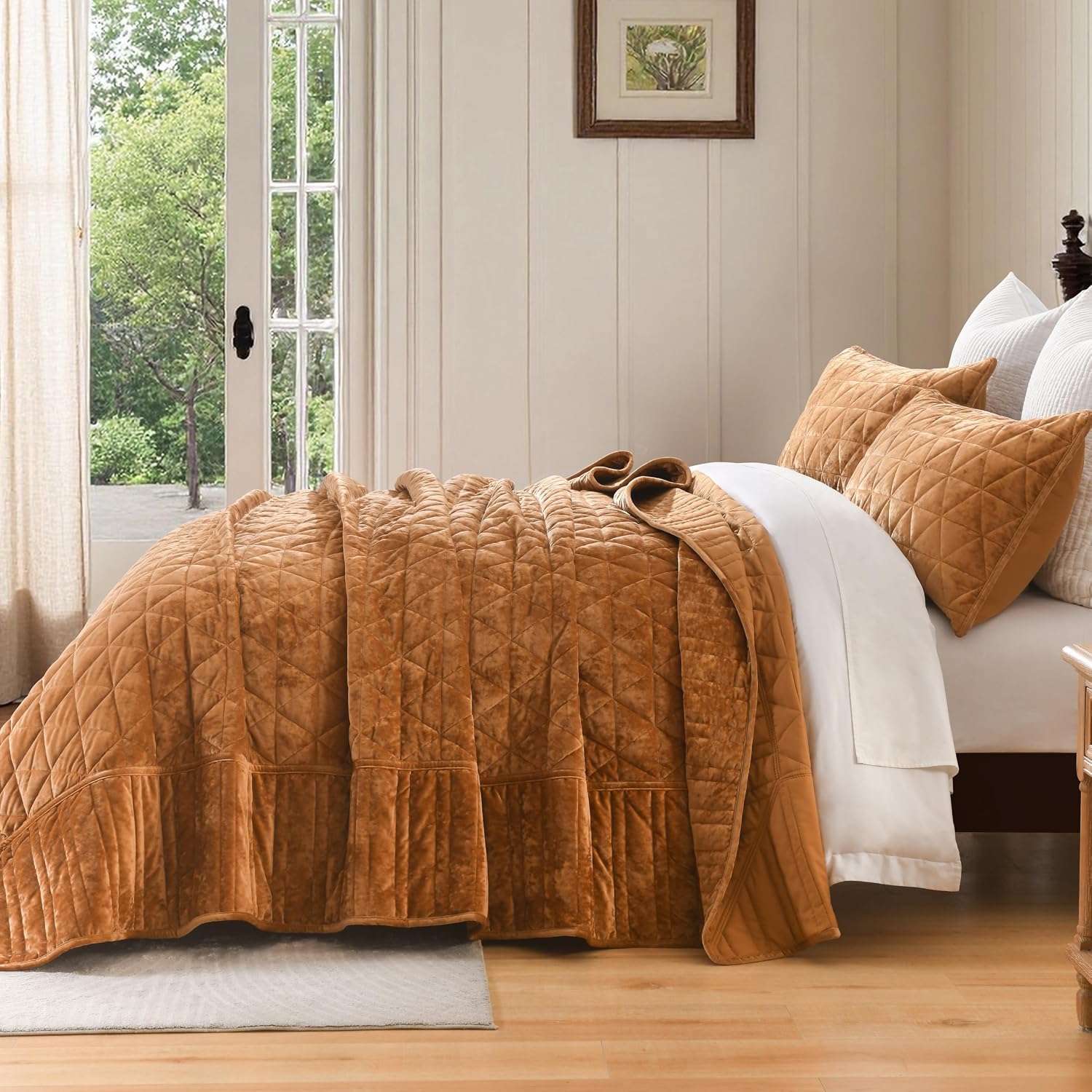 Homzard Velvet Super King Size Quilt, Golden Brown Super King Comforter Set (130”*118”) with 2 Pillow Shams, Luxury Bedding Set Patchwork Bedspread Set, Lightweight Bedding Coverlet 3 Piece