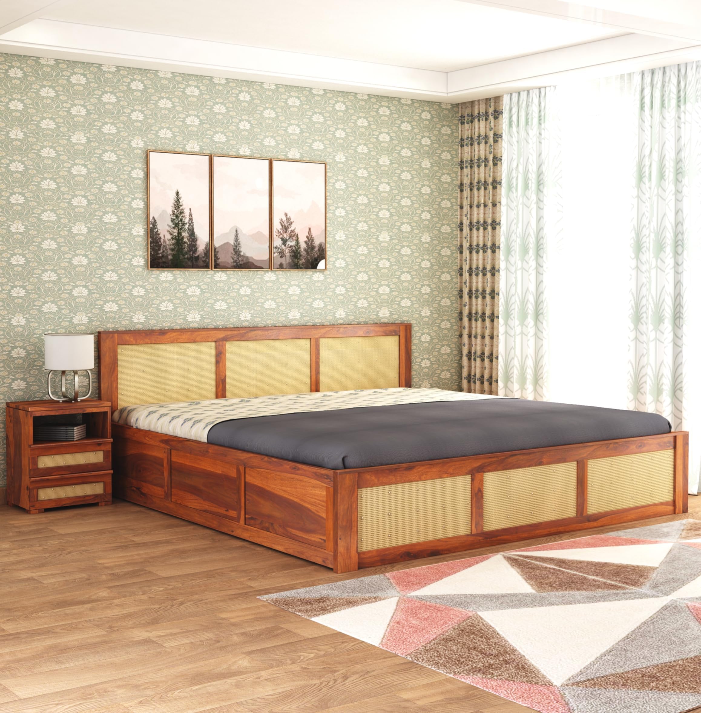 Sheesham Wood King Size Cane Bed with Box Storage | 1 Year Warranty | Wooden Double Cot Palang for Bedroom & Living Room Furniture (Honey Finish)