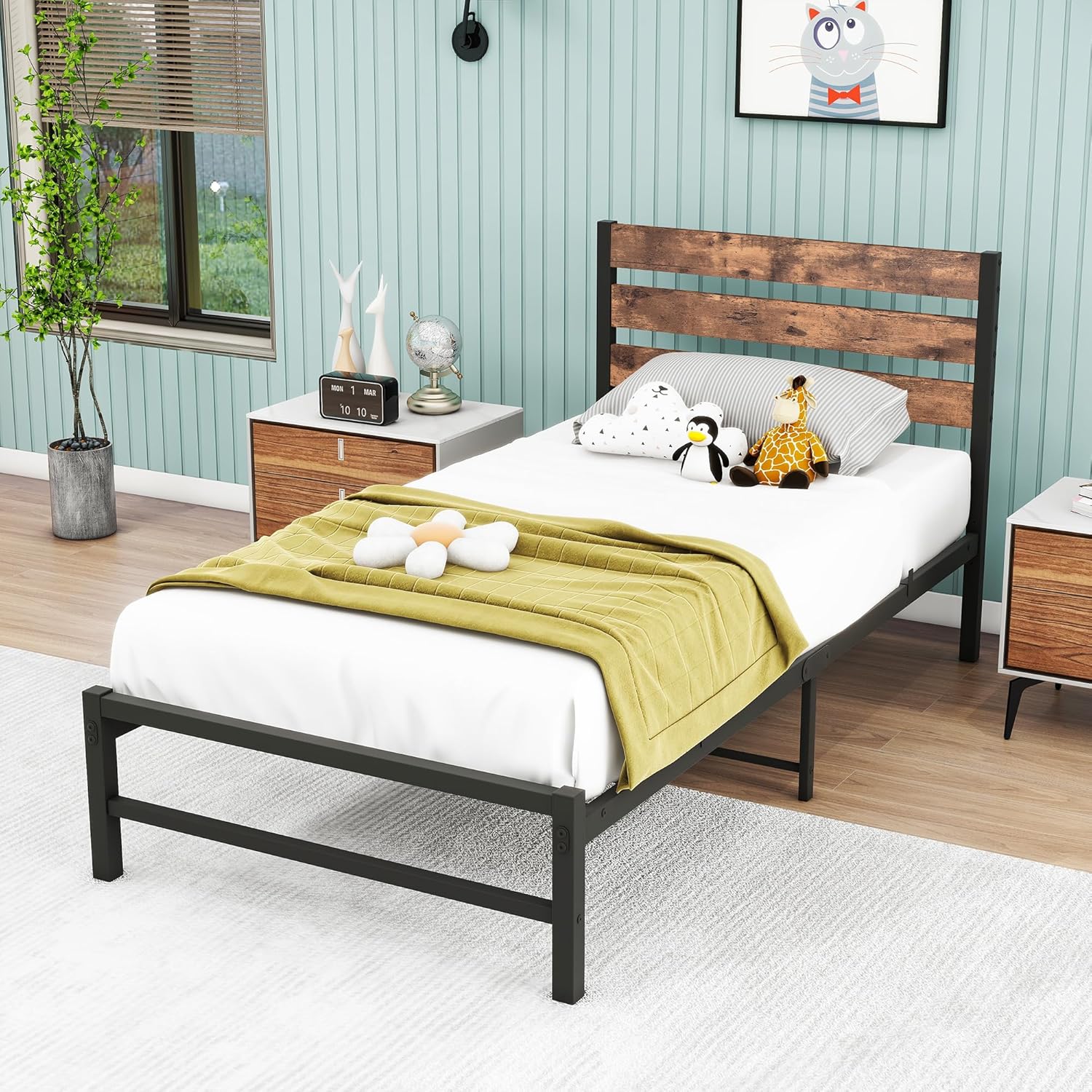 Platform Twin Metal Bed Frame with Rustic Vintage Wood Headboard, Mattress Foundation, Strong Metal Slats Support, No Box Spring Needed, Black-Brown - Image 4