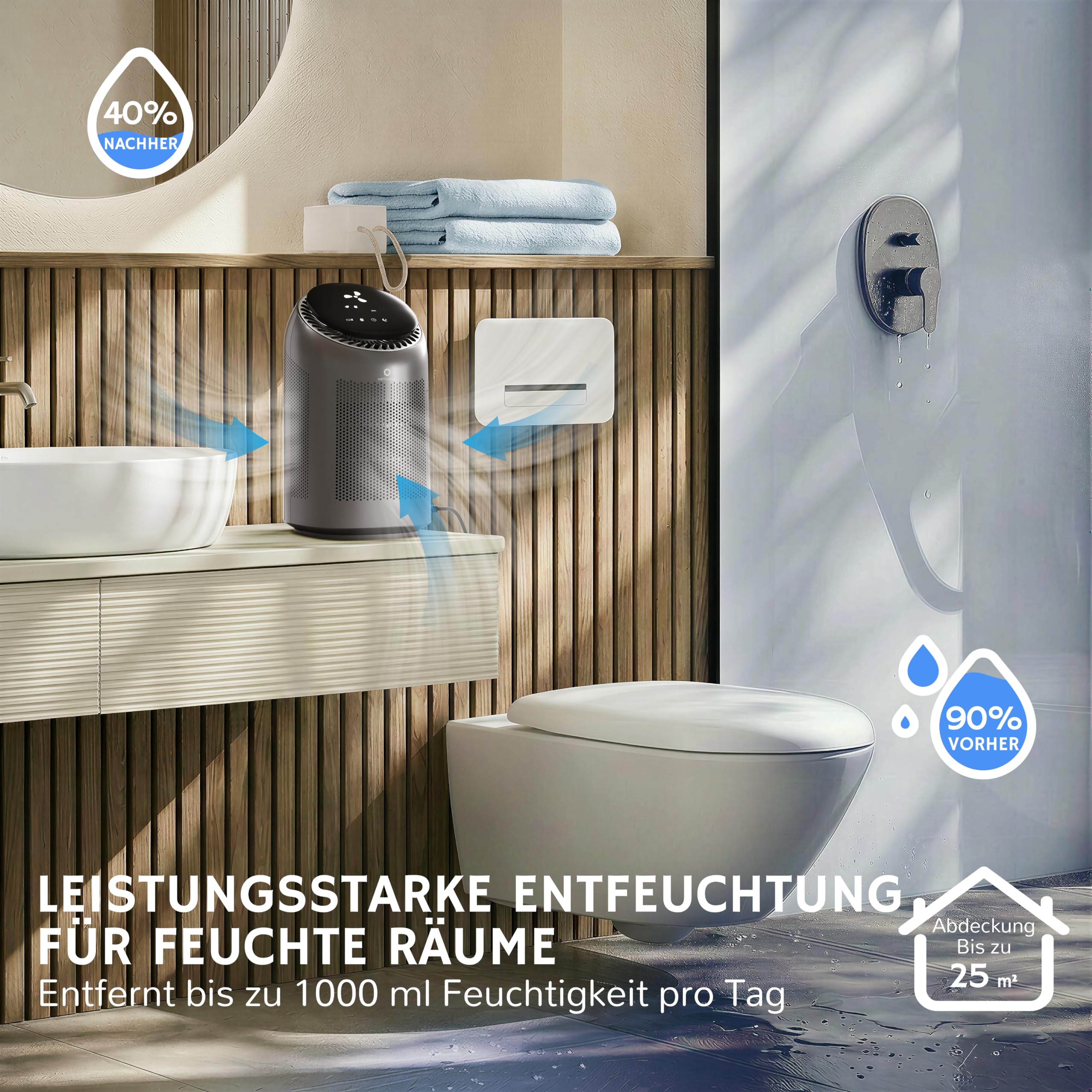 Airthereal 2-in-1 Luftentfeuchter & Luftreiniger mit HEPA, 1000ml/D