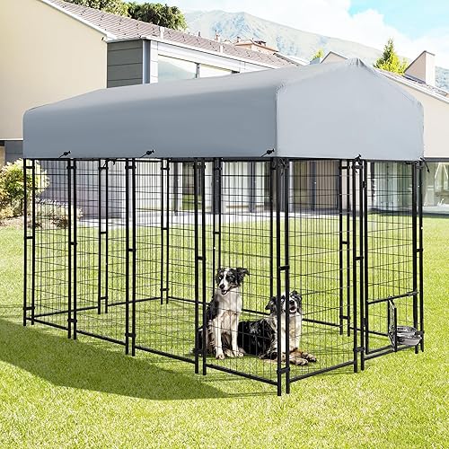 Corralito grande para perros de 8 x 4 x 6 pies, jaula de acero soldado con alambre soldado con techo resistente a los rayos UV y cierre seguro para