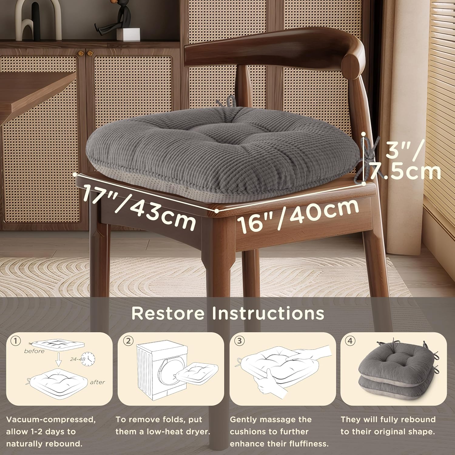 Indoor Dining Chair Cushions Set of 2, 17"X16"X3", Medium Grey