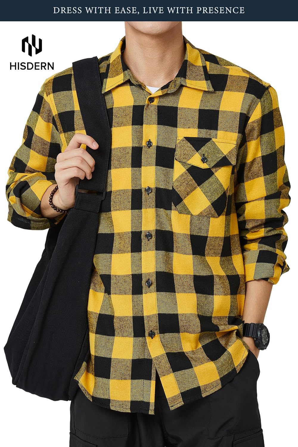 HISDERN Flannel Shirt for Men Long Sleeve Plaid Button Down Shirt,S-4XL