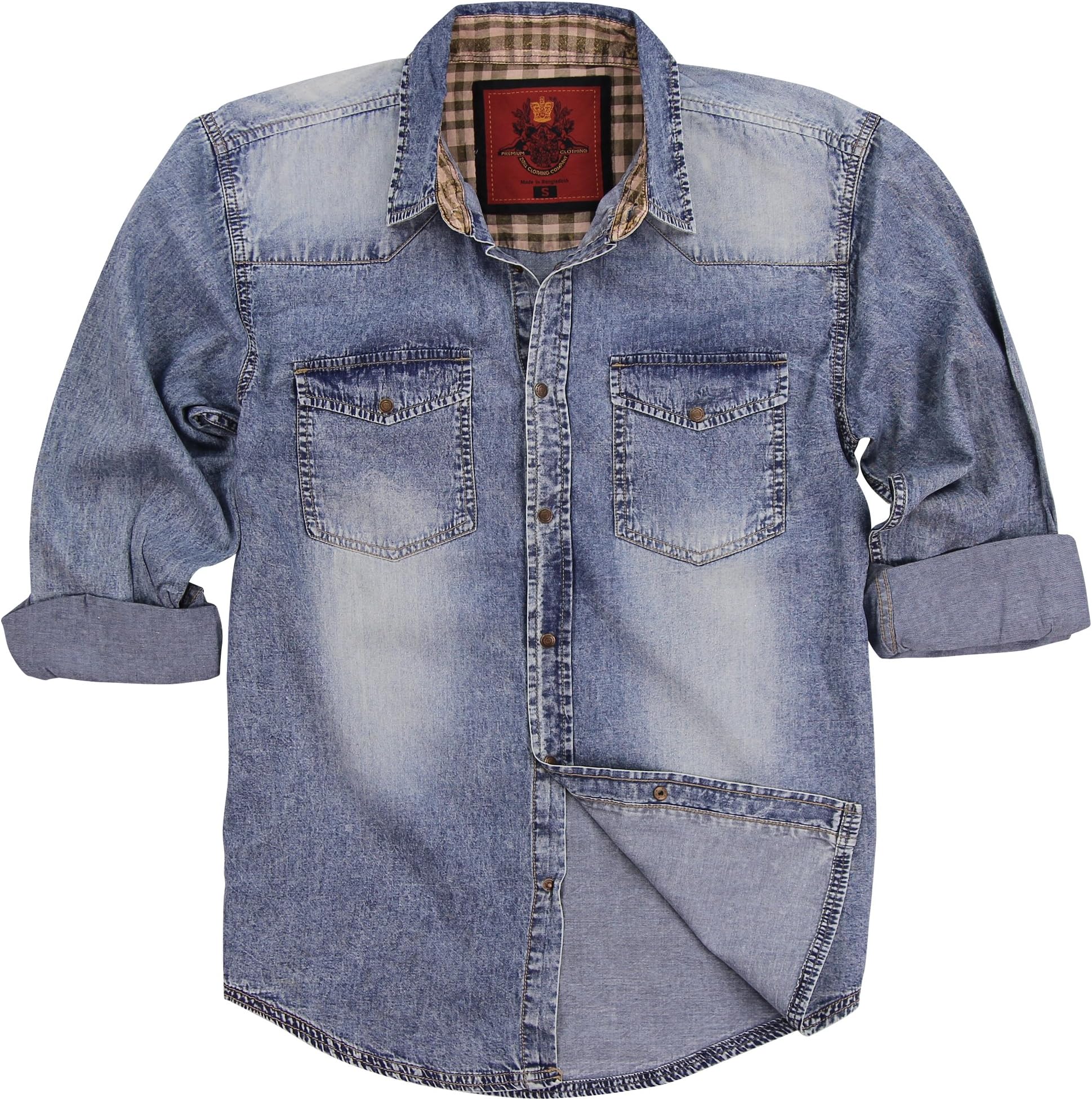 Men's Washed Denim Long Sleeve Shirt (Bleached Wash, Large)