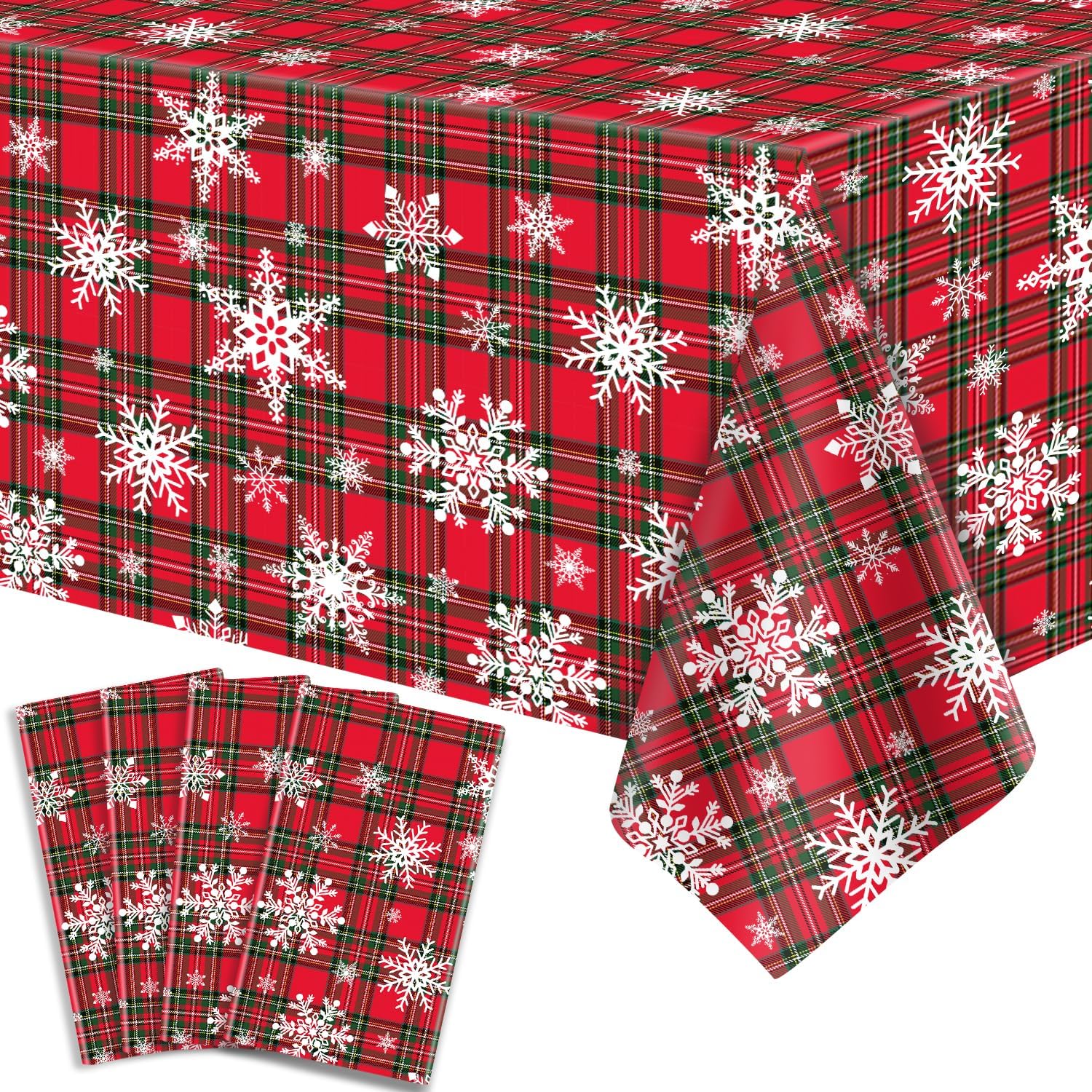 4 Pack Xmas Tablecloth Christmas Plaid Snowflake Table Cloth Red and Green Checkered Table Covers Xmas Buffalo Plaid Tablecloth Party Decorations for Christmas New Year Supply 51 x 86 Inch