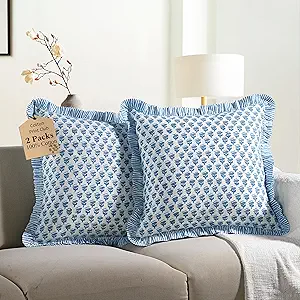 CPC Apatite Blue Ruffle Throw Pillow Covers for Couch, 18x18 Inch Cotton Stripe Ruffle Couch Pillows for Living Room, Hidden 14 Inch Zipper Boho Pillow Case or Cute Outdoor Pillows