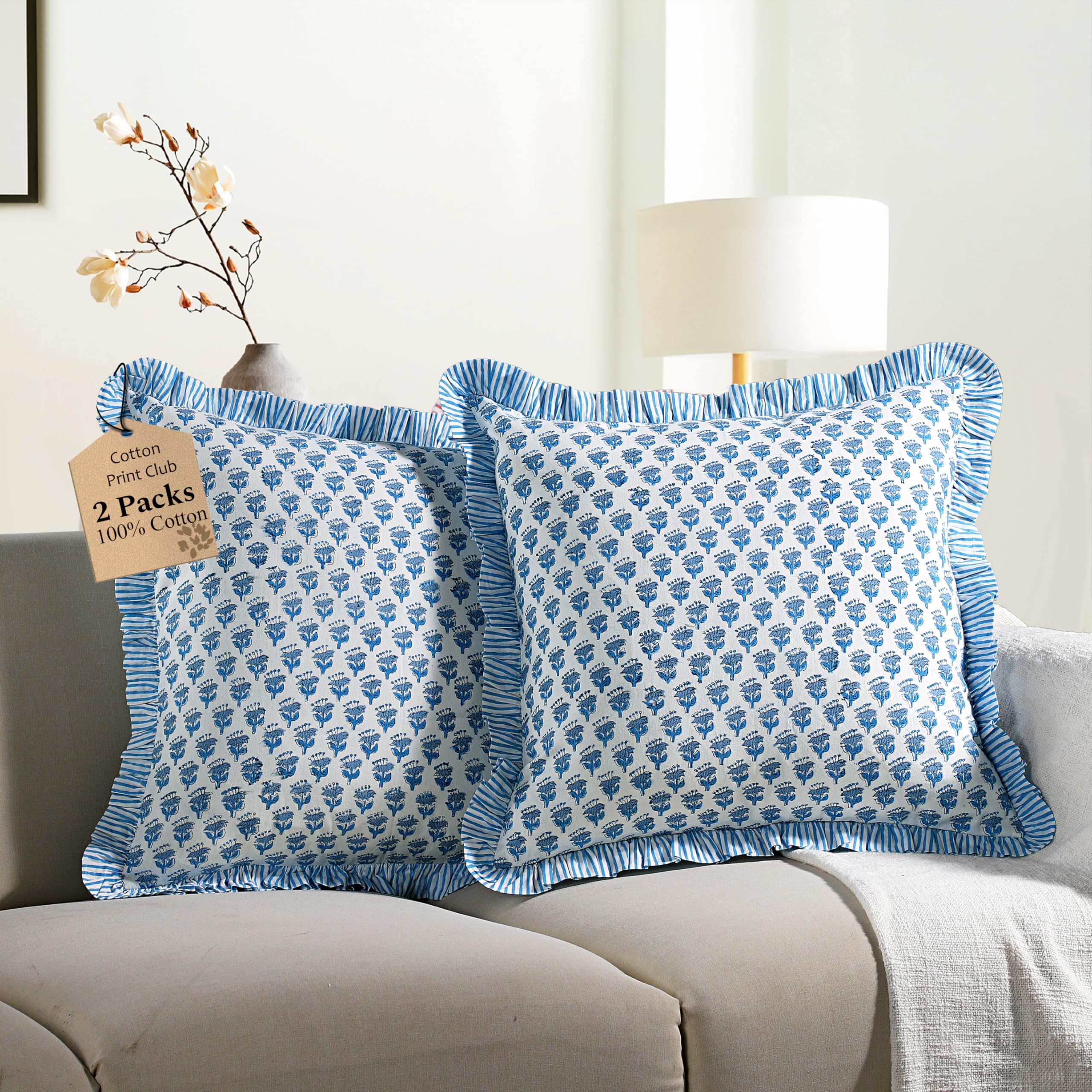 CPC Housse de Coussin à Volants en Coton à Rayures pour canapé, 45,7 x 45,7 cm, taie d'oreiller à Volants et Fermeture éclair dissimulée de 35,6 cm, Bleu Apatite