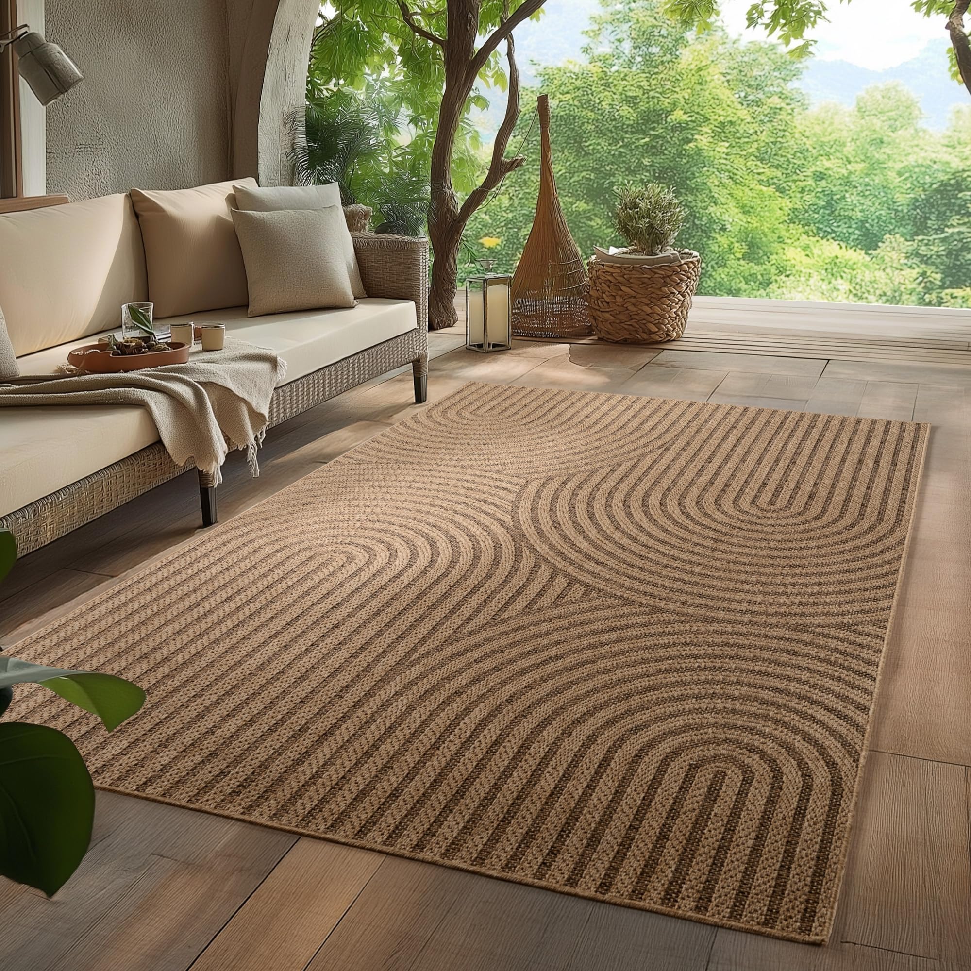 HomebyHome Tapis Extérieur 280x370 cm XXL Résistant aux Intempéries Facile d'entretien Aspect Jute Naturel Design Scandinave Boho pour Salon Terrasse Balcon