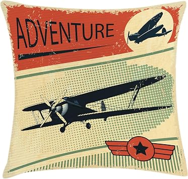 Ambesonne Vintage Throw Pillow Cushion Cover, Nostalgic Small on Dotted Grunge Backdrop Epic Adventure Airpark Plane Graphic, Decorative Square Accent Pillow Case, 20" X 20", Orange Beige