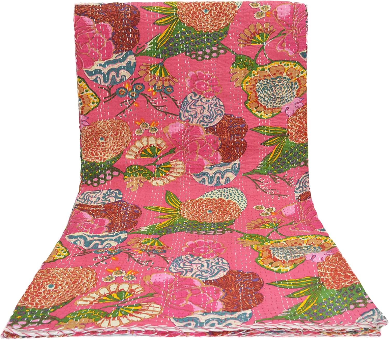 Sophia-Art Pink Flower Print Queen Size Kantha Quilt, Kantha Blanket, Bed Cover, Bedspread, Bohemian Bedding Size 90 Inch x 108 Inch