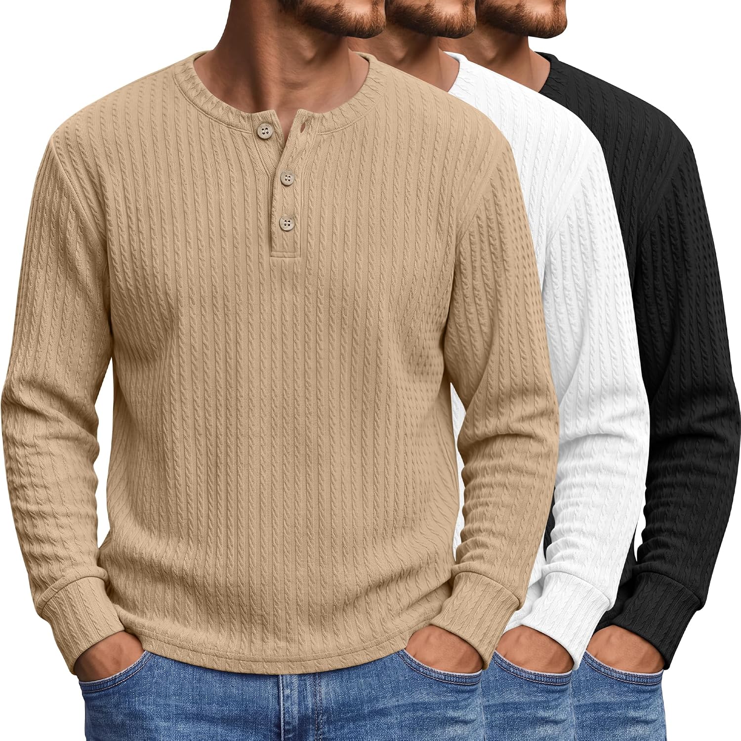 3 Pack Men's Long Sleeve Henley Neck Textured Tees