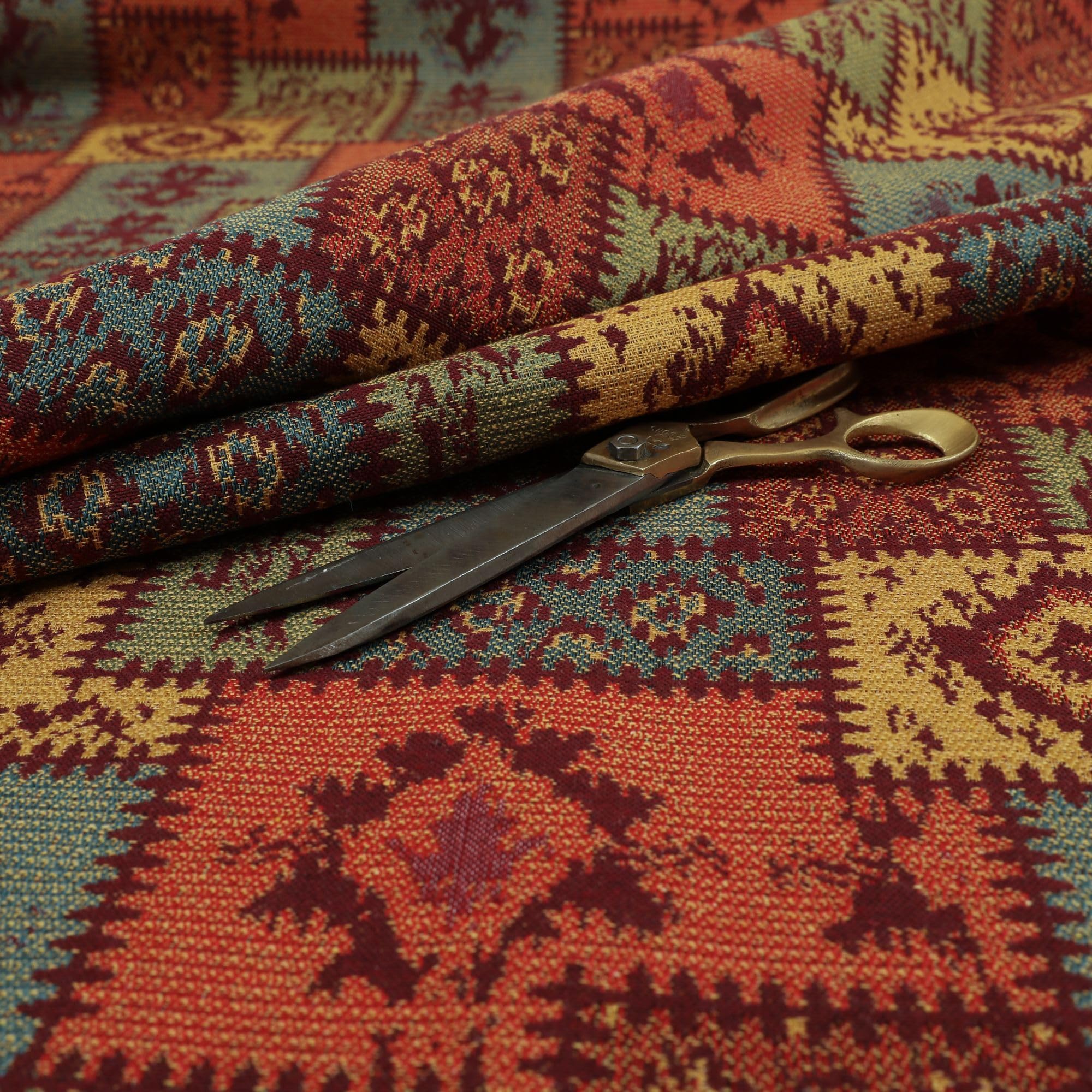 Redbrick Mill Fabrics Red Blue Kilim Patchwork Chenille Green Yellow Upholstery Furniture Fabric, 135Cm Width (Per Metre)