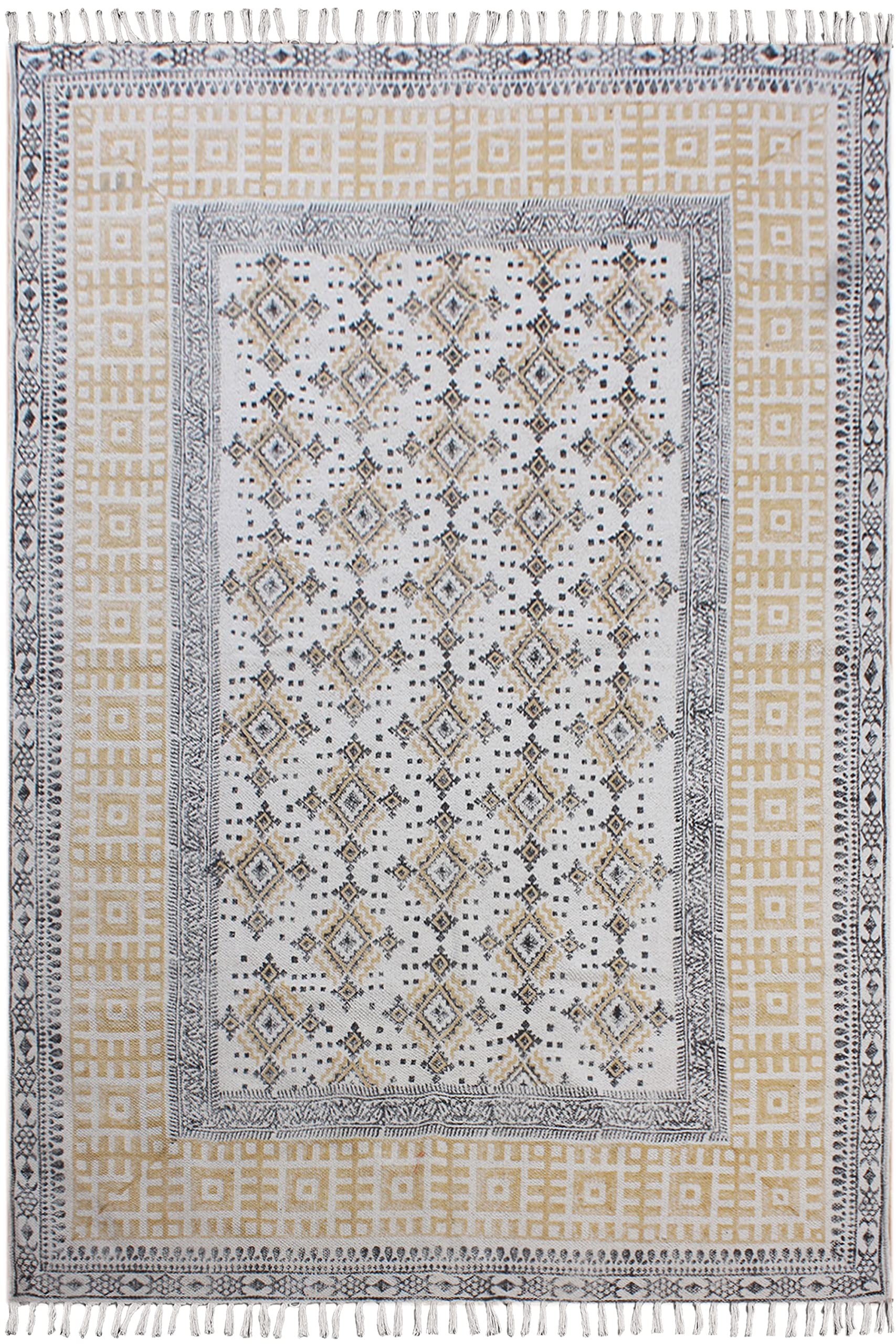 Tapis bohème jaune 210x300 cm en coton tissé main pour salon et grand séjour