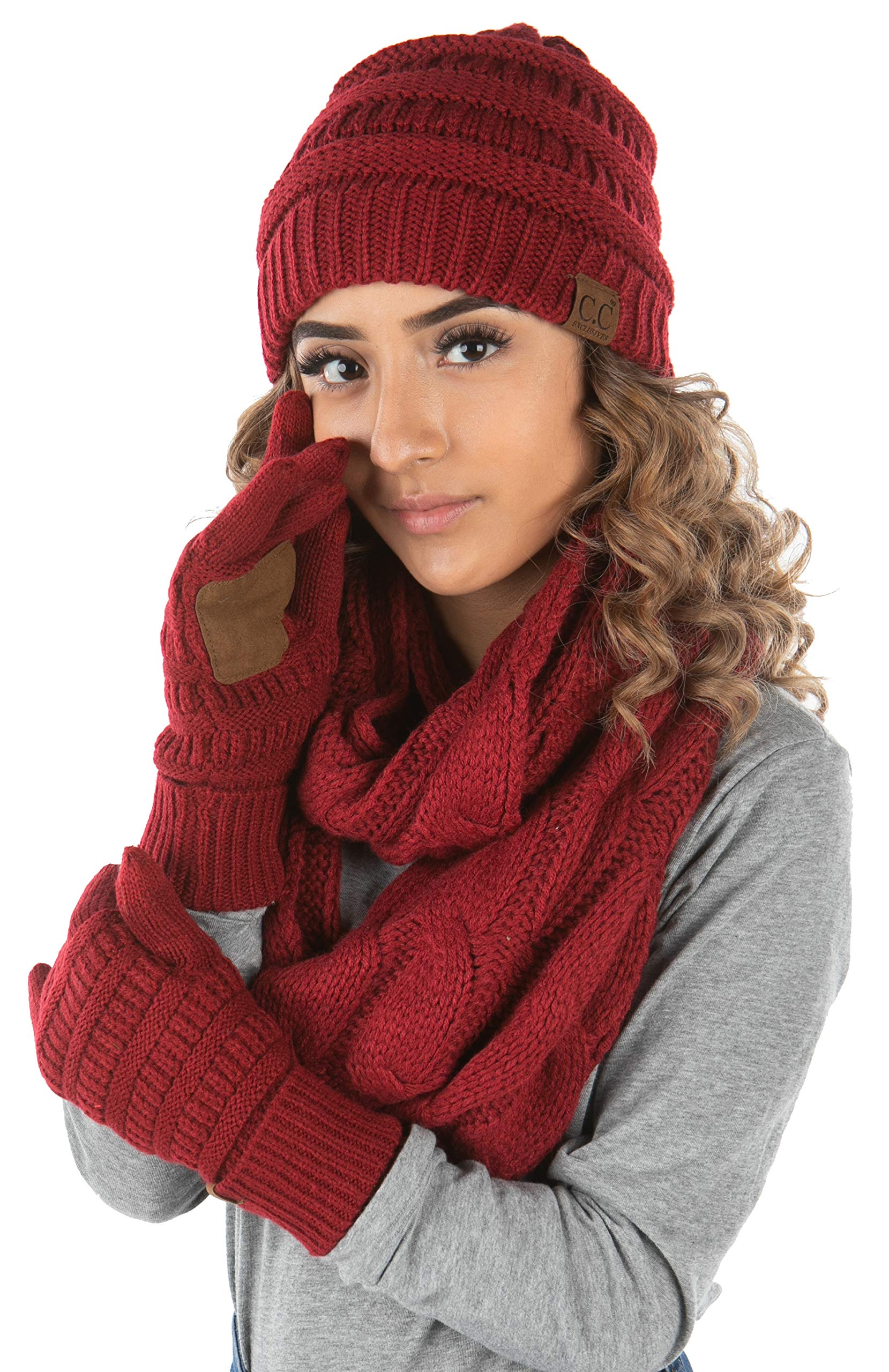 Cable Knit Beanie Infinity Scarf Texting Glove Lined Matching Set-image-13