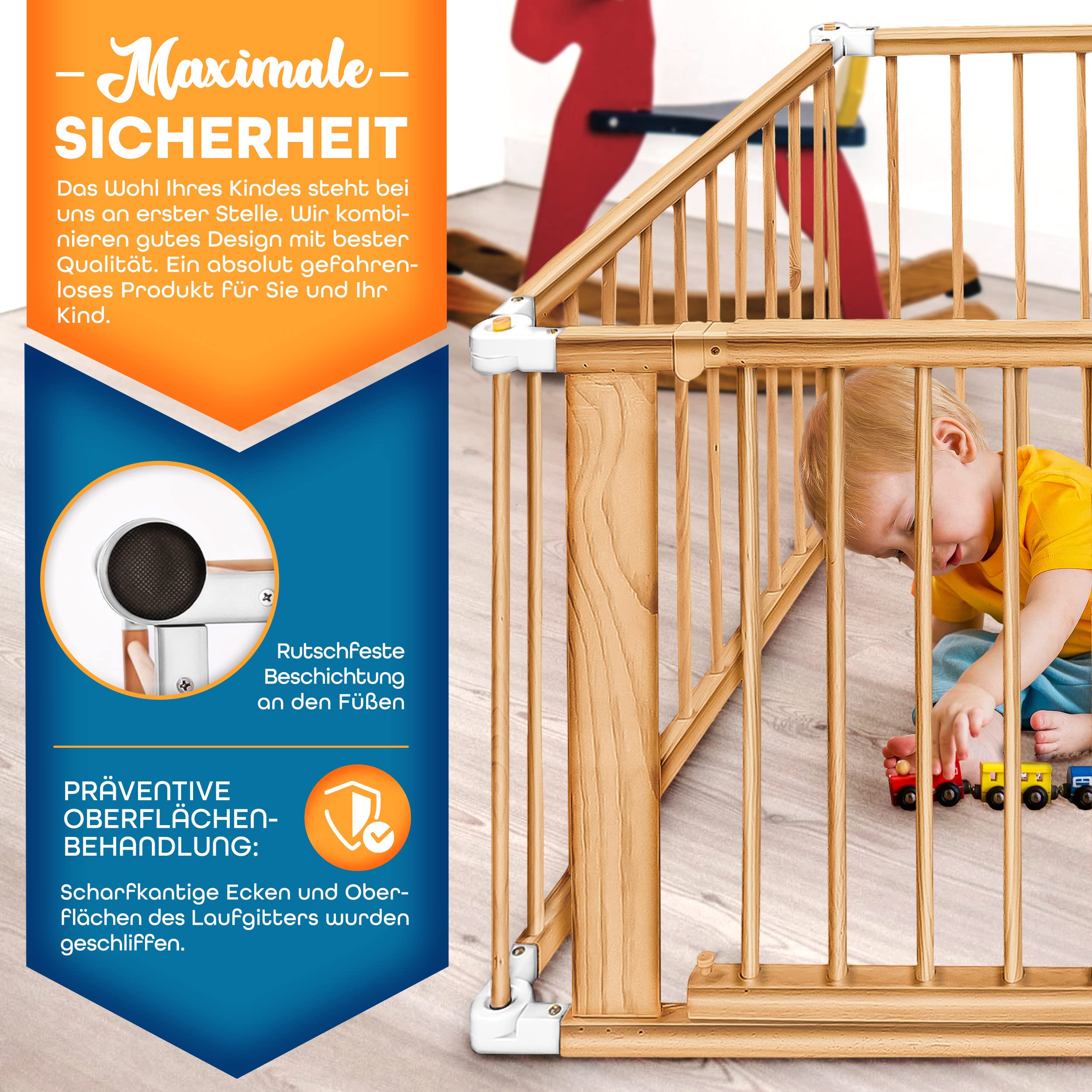 KIDUKU® 7,2 Meter Baby Laufgitter XXL klappbar inkl. Tür | Laufstall mit doppelter Sicherung | Absperrgitter für Kinder inkl. 8 Elementen | Krabbelgitter individuell formbar
